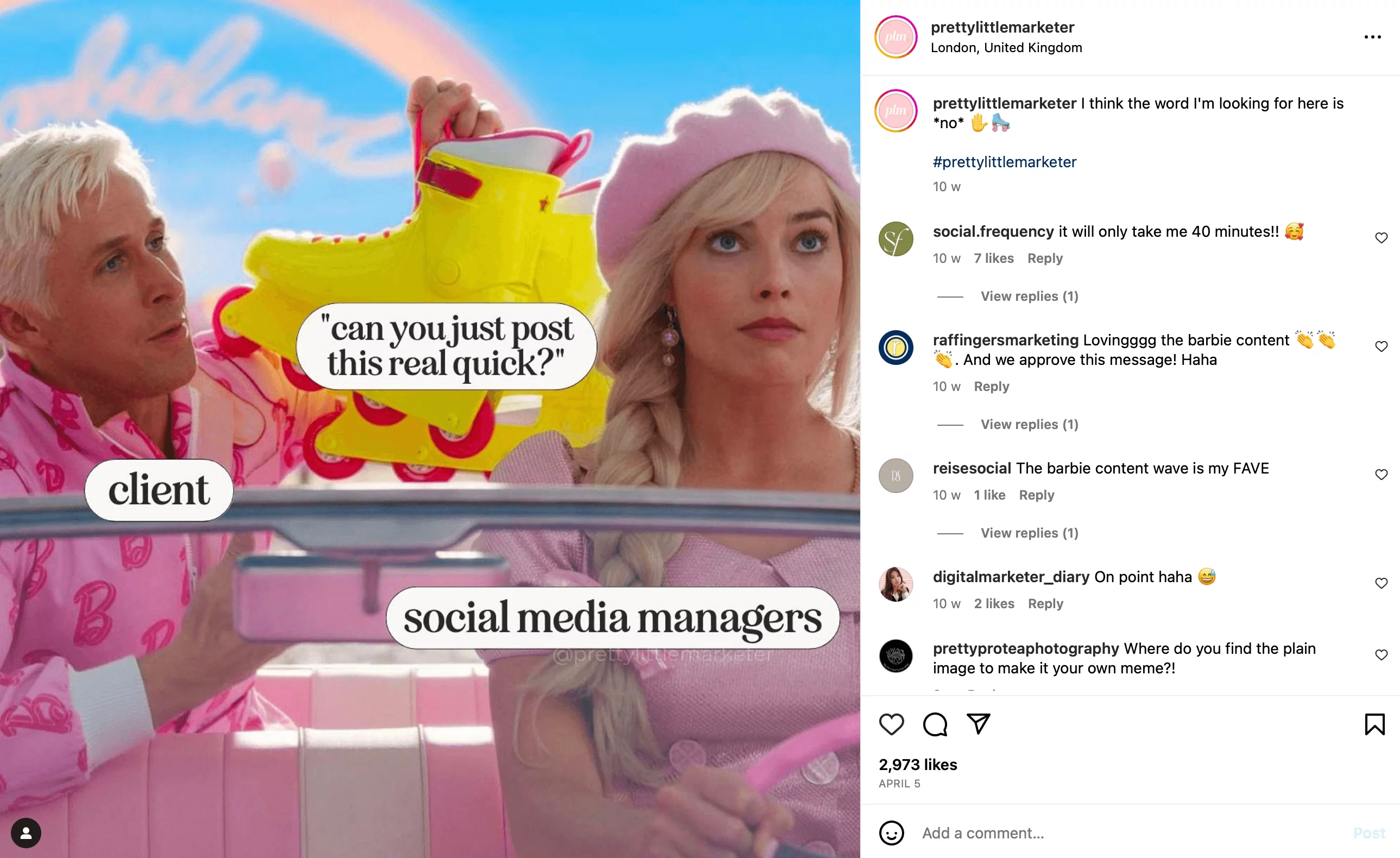 Instagram meme from @prettylittlemarketer depicting a Barbie movie inspired joke about a client asking the social media manager to just post something real quick.