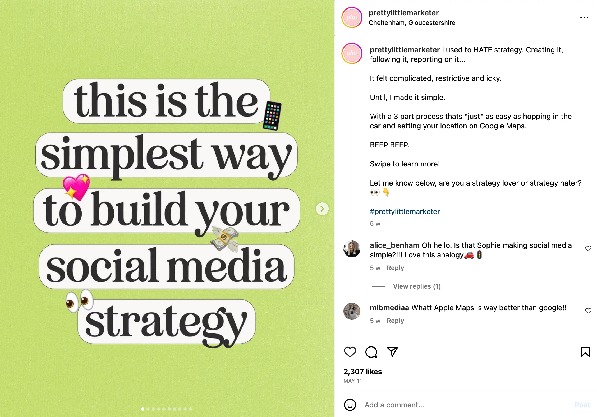 Instagram carousel from @prettylittlemarketer showing the message "this is the simplest way to build your social media strategy" on a light green background.