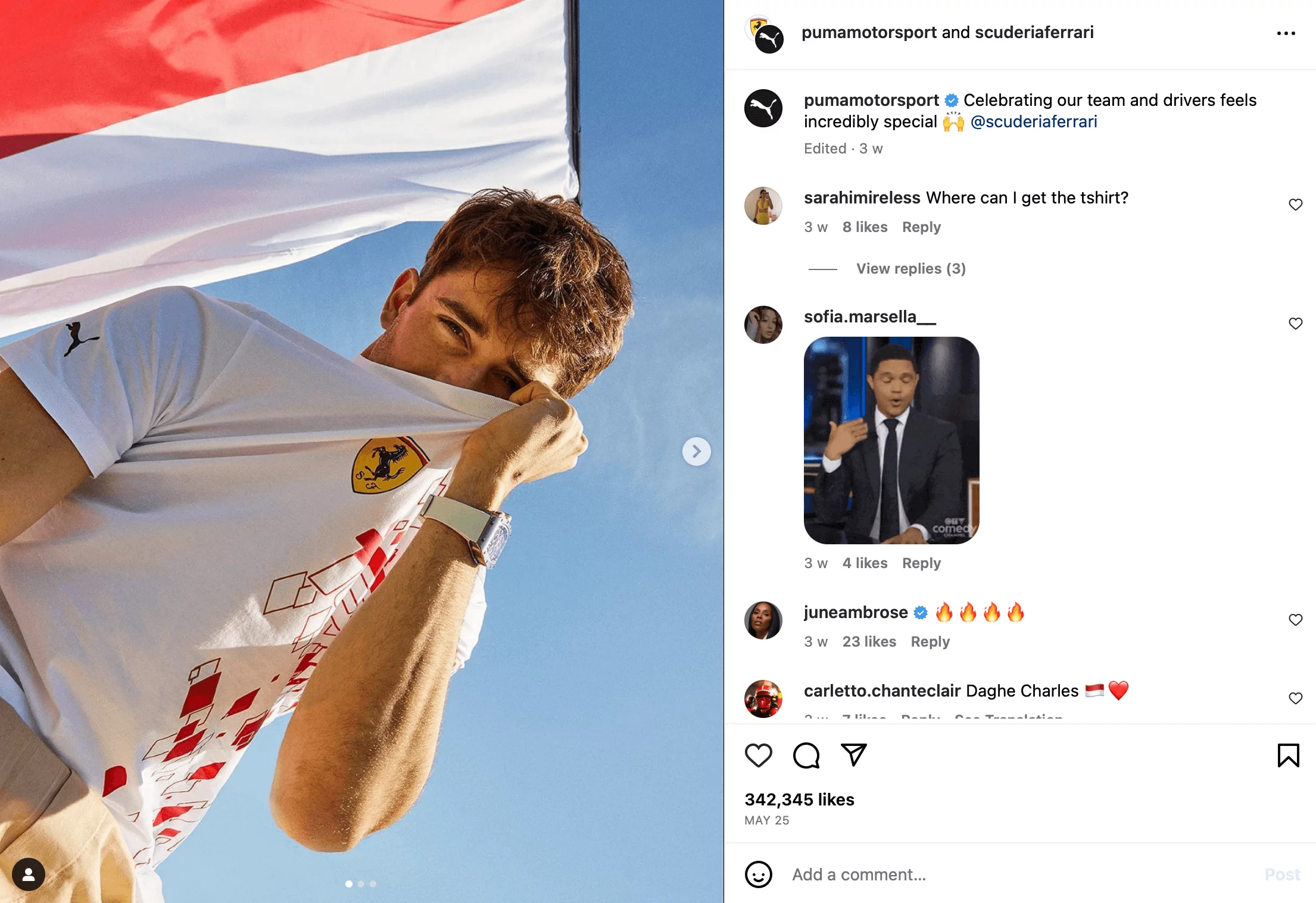 @pumamotorsport IG collaborative post with @scuderiaferrari using a photo with F1 Ferrari driver, Charles Leclerc wearing Puma x Ferrari t-shirt.