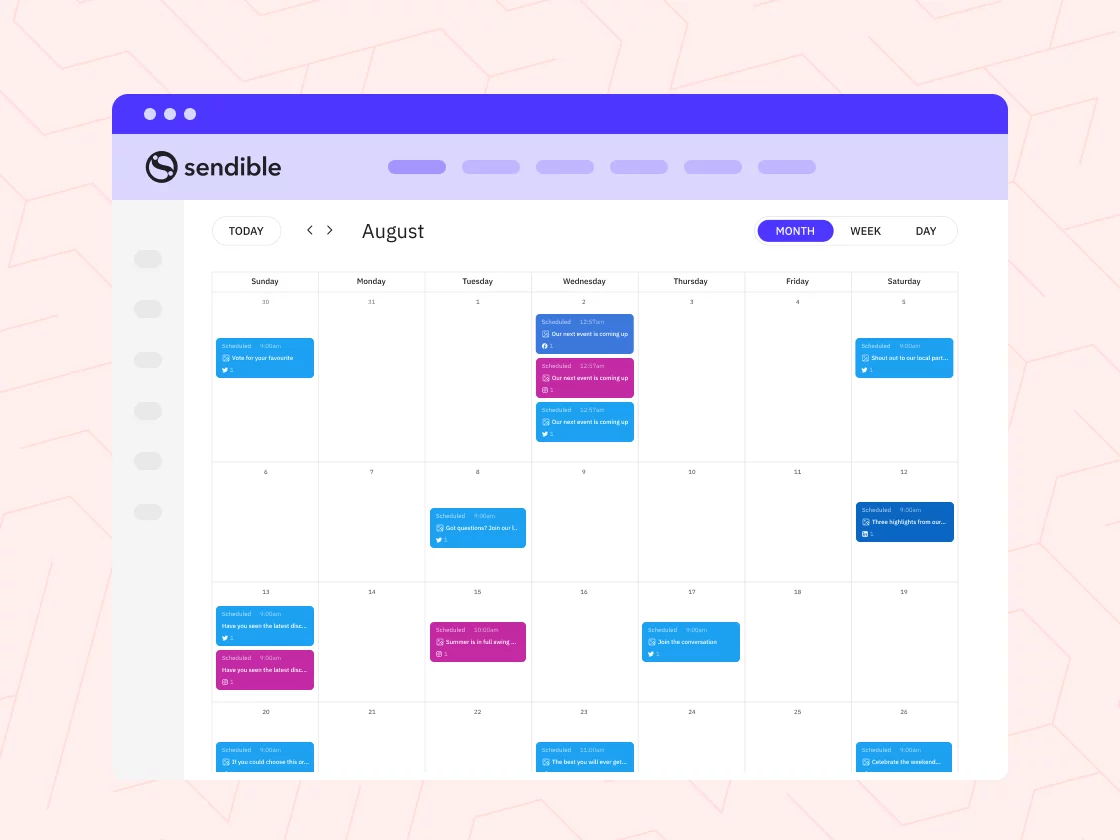 Monthly content calendar with color coding in Sendible.