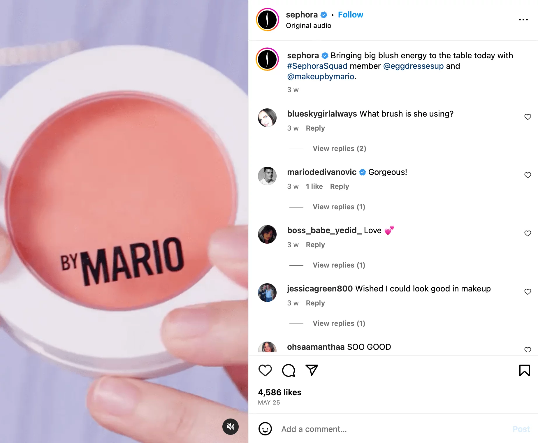 Sephora Instagram post showing a video of a blush "by Mario" with the #SephoraSquad hashtag