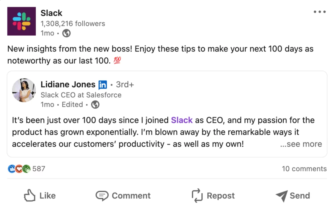 Slack's LinkedIn post re-sharing an update from the new CEO's personal account.