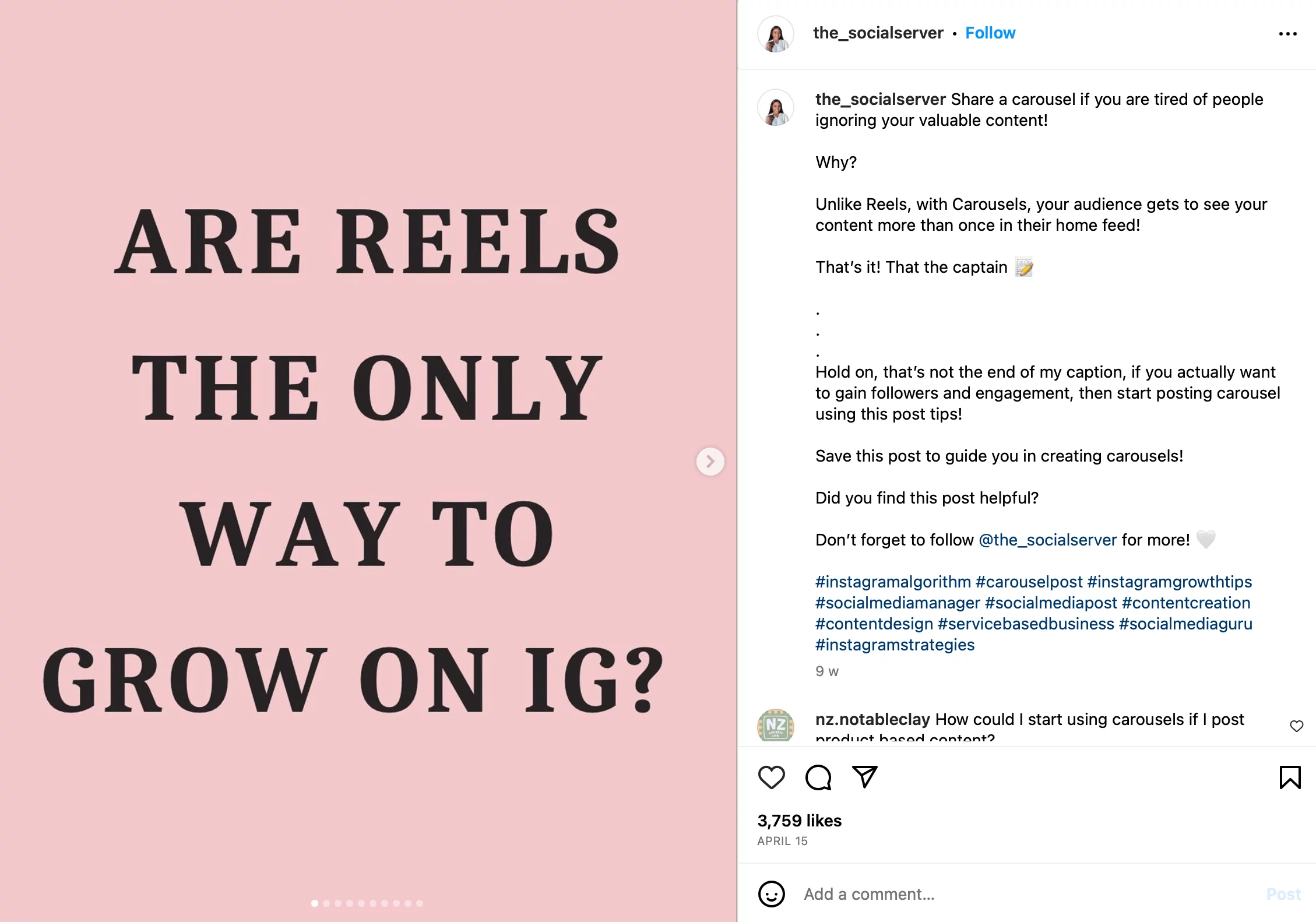 Instagram carousel post from @the_socialserver showing the "Are reels the only way to grow on IG?" question on a pink background