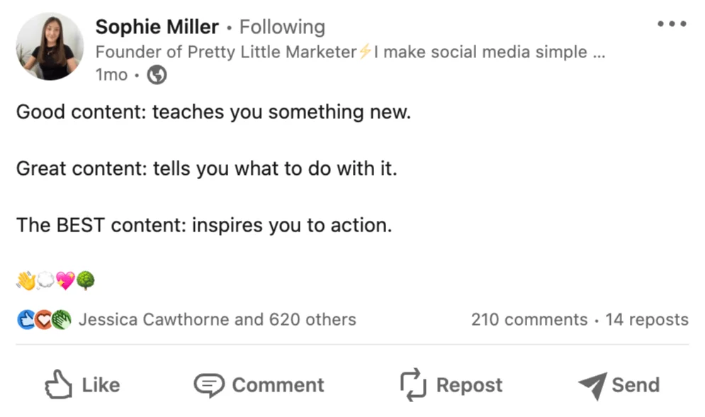 Sophie Miller's LinkedIn conversation starter on content quality.