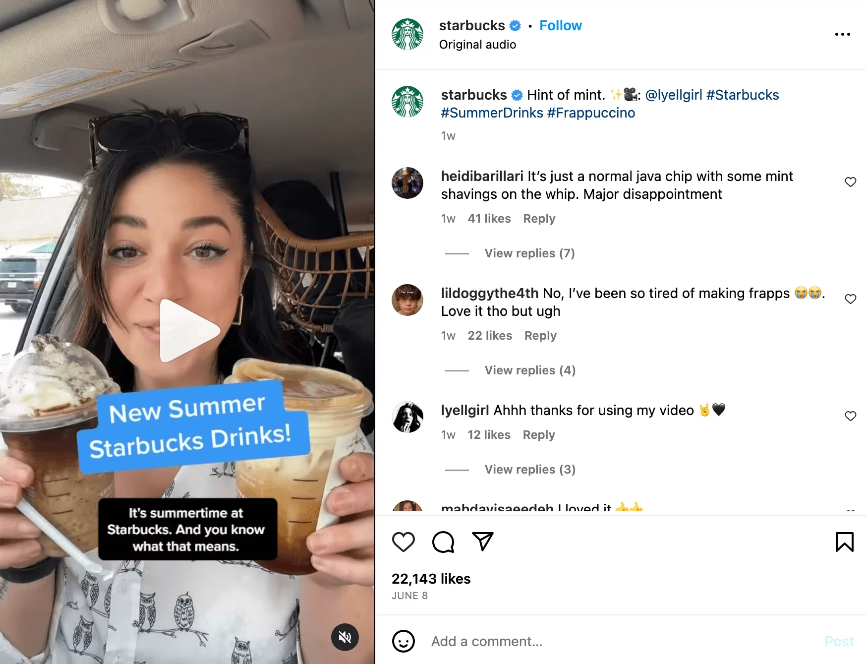 Instagram video post from @starbucks showing a girl tasting Starbucks drinks in a car.