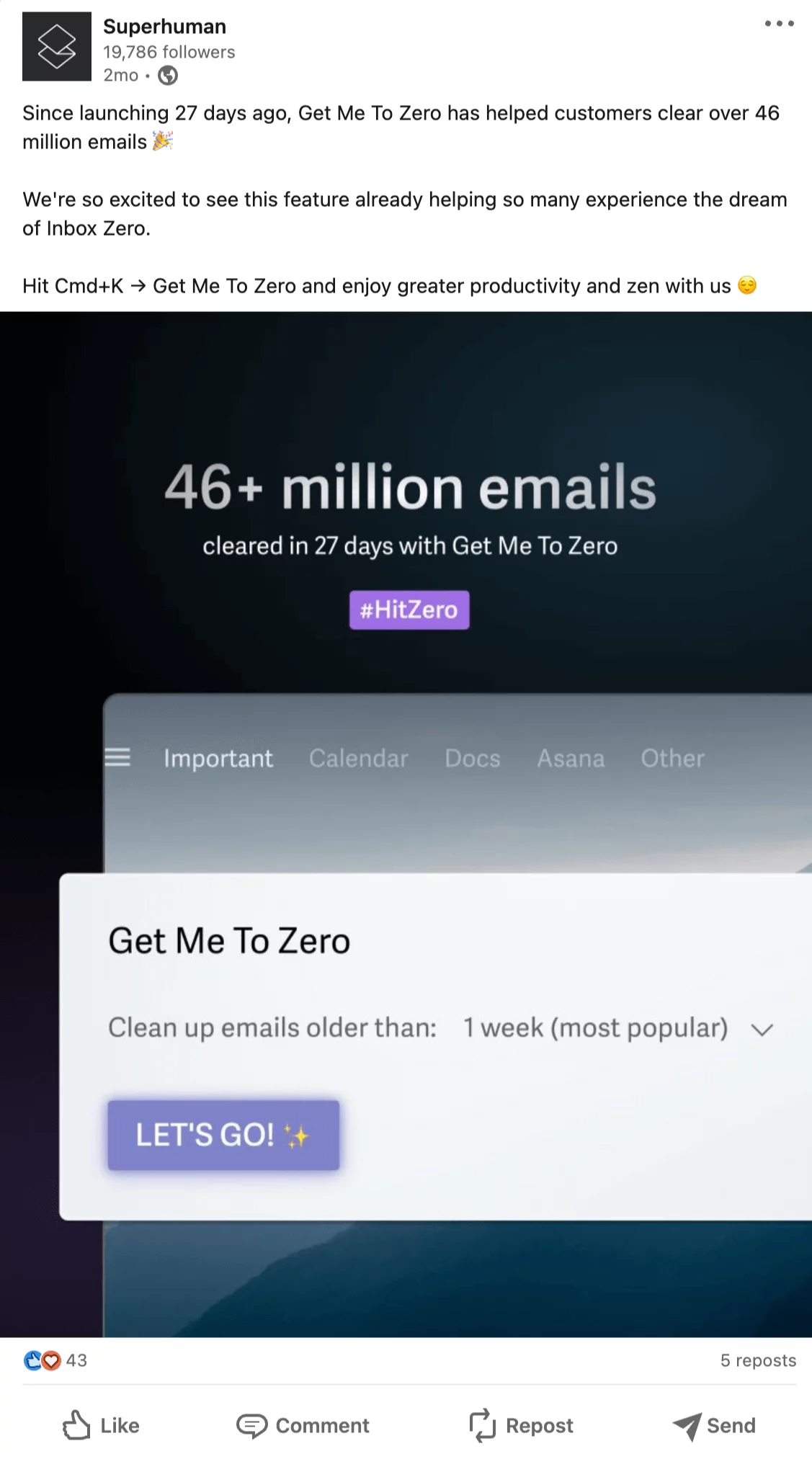 Superhuman's LinkedIn share about helping their clients clear over 46 million emails.