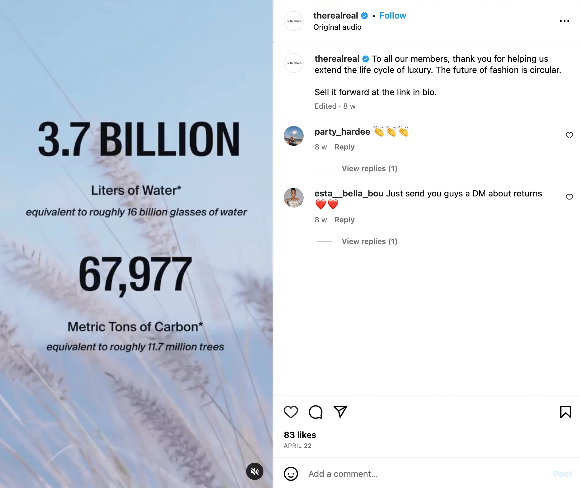 @therealreal's Instagram share showing a serene nature background with numbers showing 3.7 billion of litters of water and 67,977 metric tons of carbon.