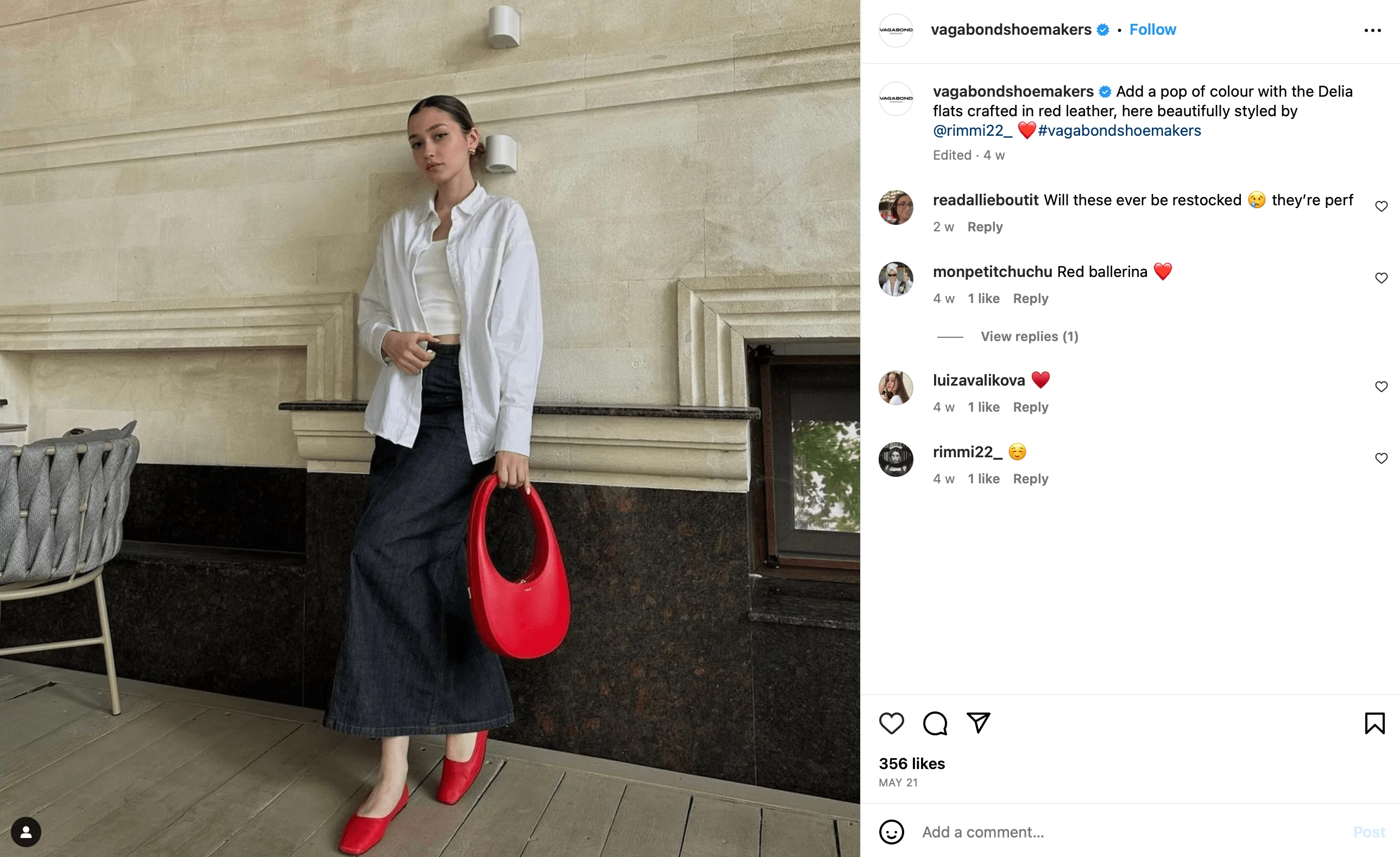 Instagram post showing the photo of a girl wearing red shoes matching a red purse, with neutrally coloured background and clothes.