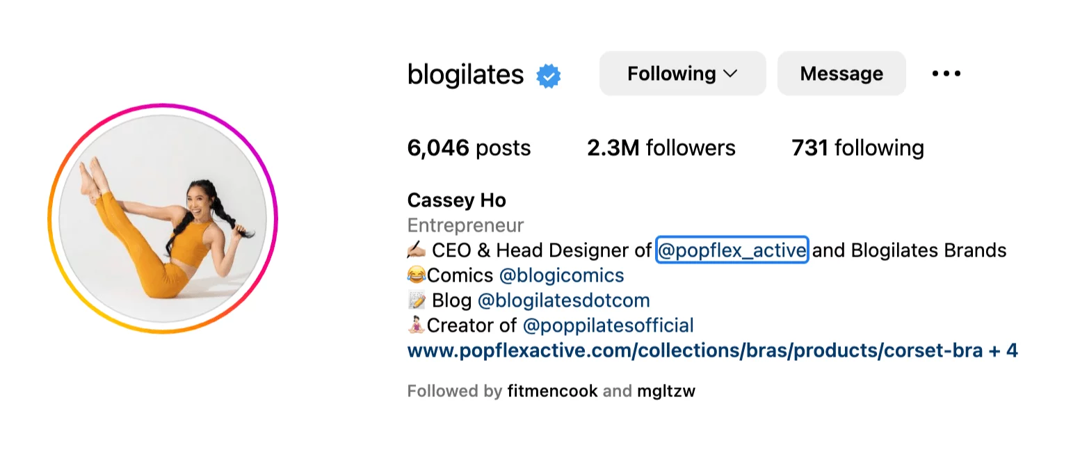 Instagram profile showing entrepreneur Cassey Ho's dedicated Instagram account for her blogilates business.