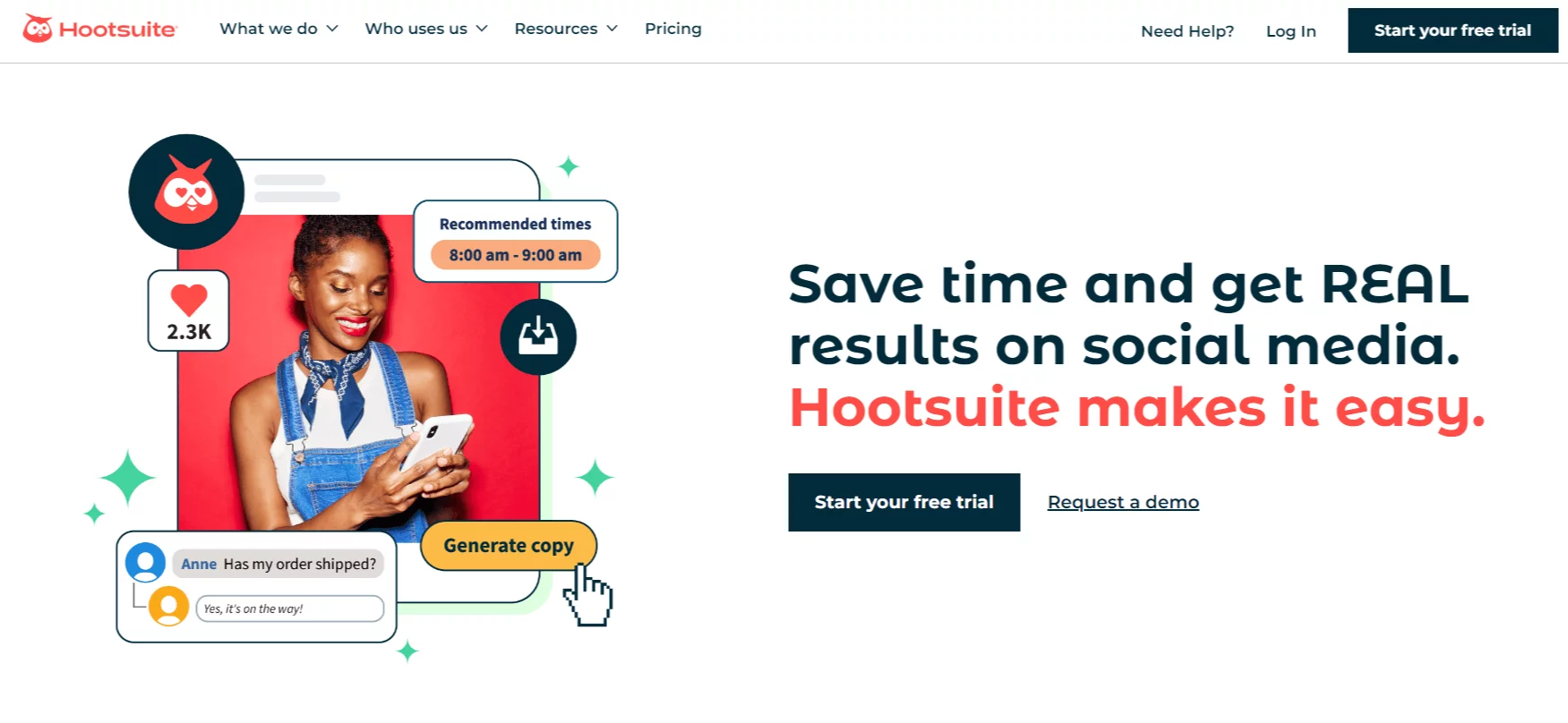 Hootsuite homepage showing a stylised social media post with recommended posting times, number of reactions, and buttons to generate copy or download.