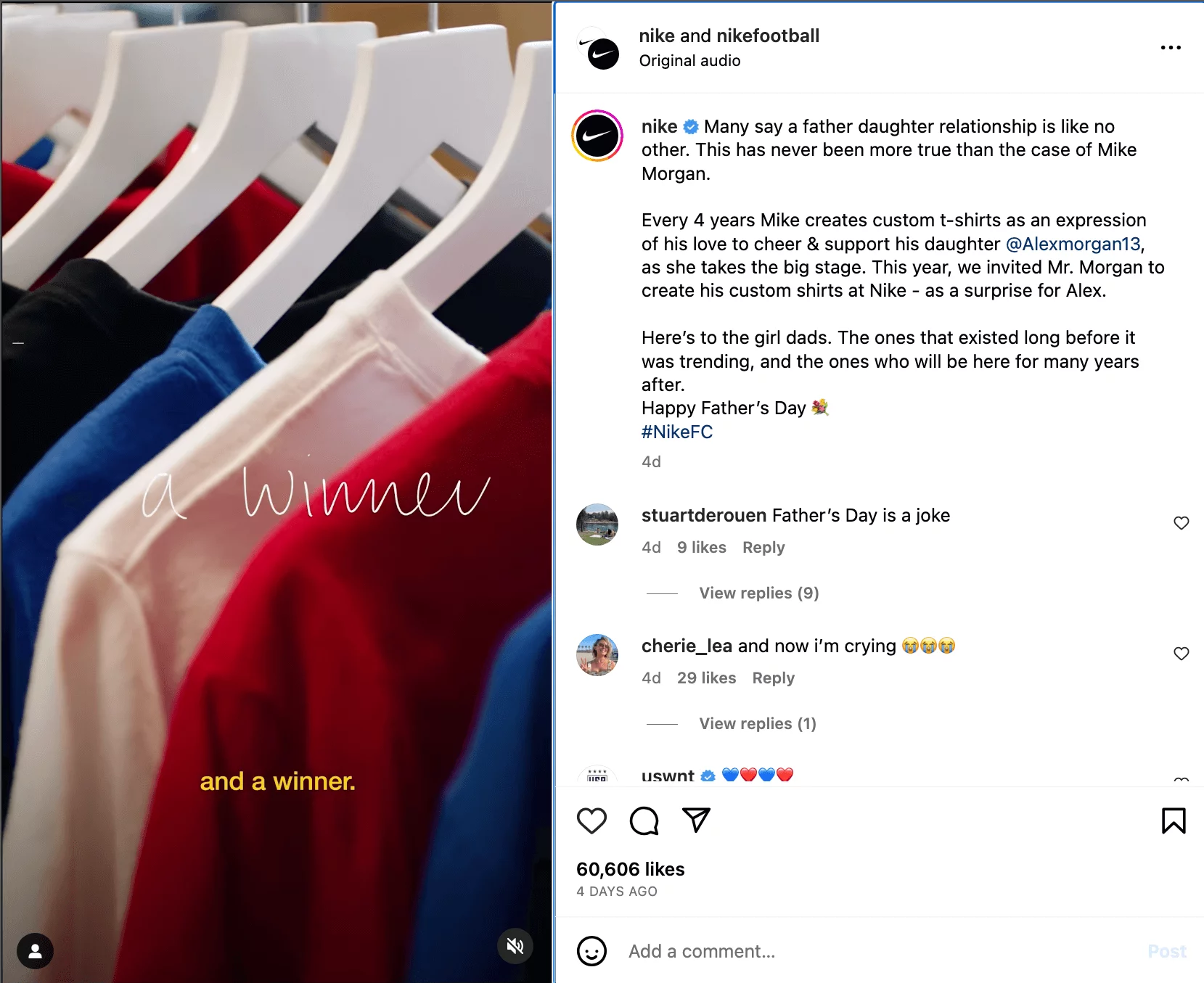 Instagram post showing a rack of coloured shirts, marked as a collaboration between nike and nikefootbal