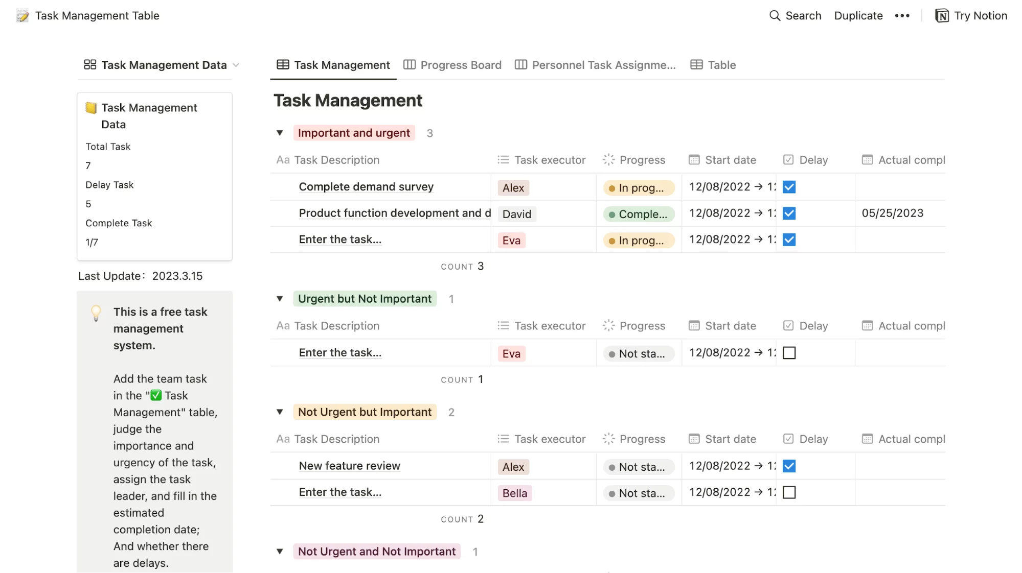 Notion screenshot showing a task management table which includes task descriptions, task executor, progress, start date, delay checkboxes and actual completion dates.