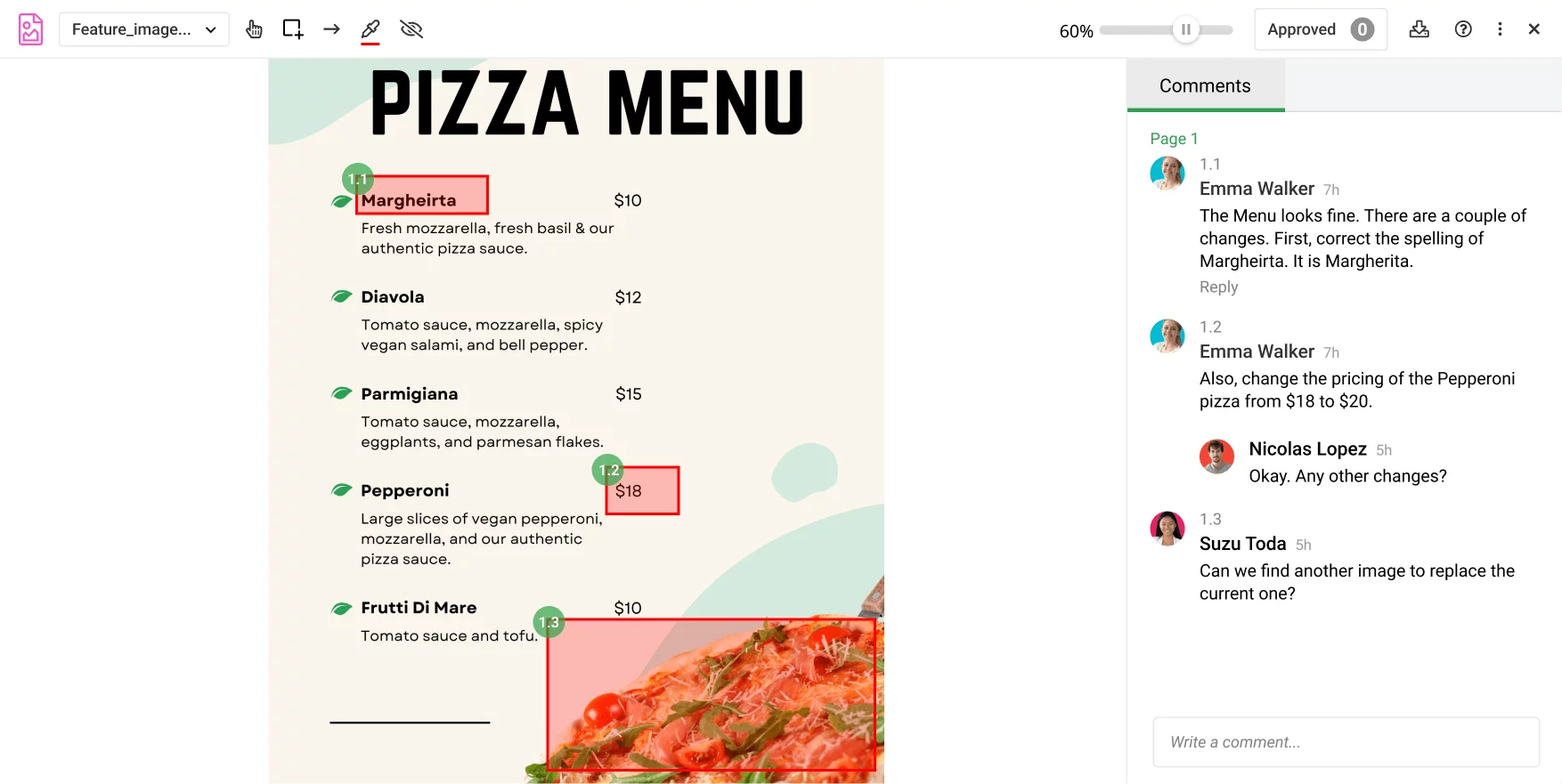 Proofhub screenshot showing three people collaborating through comments on a Pizza menu flyer.