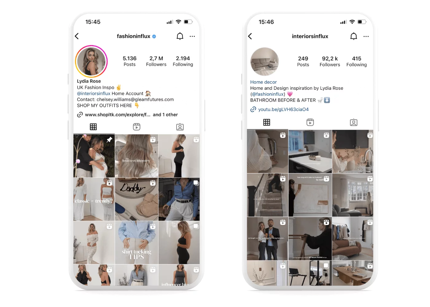 Screenshot of two Instagram feeds of fashioninflux and interiorinflux showing similarly created photos of different objects - clothes and interior designs.