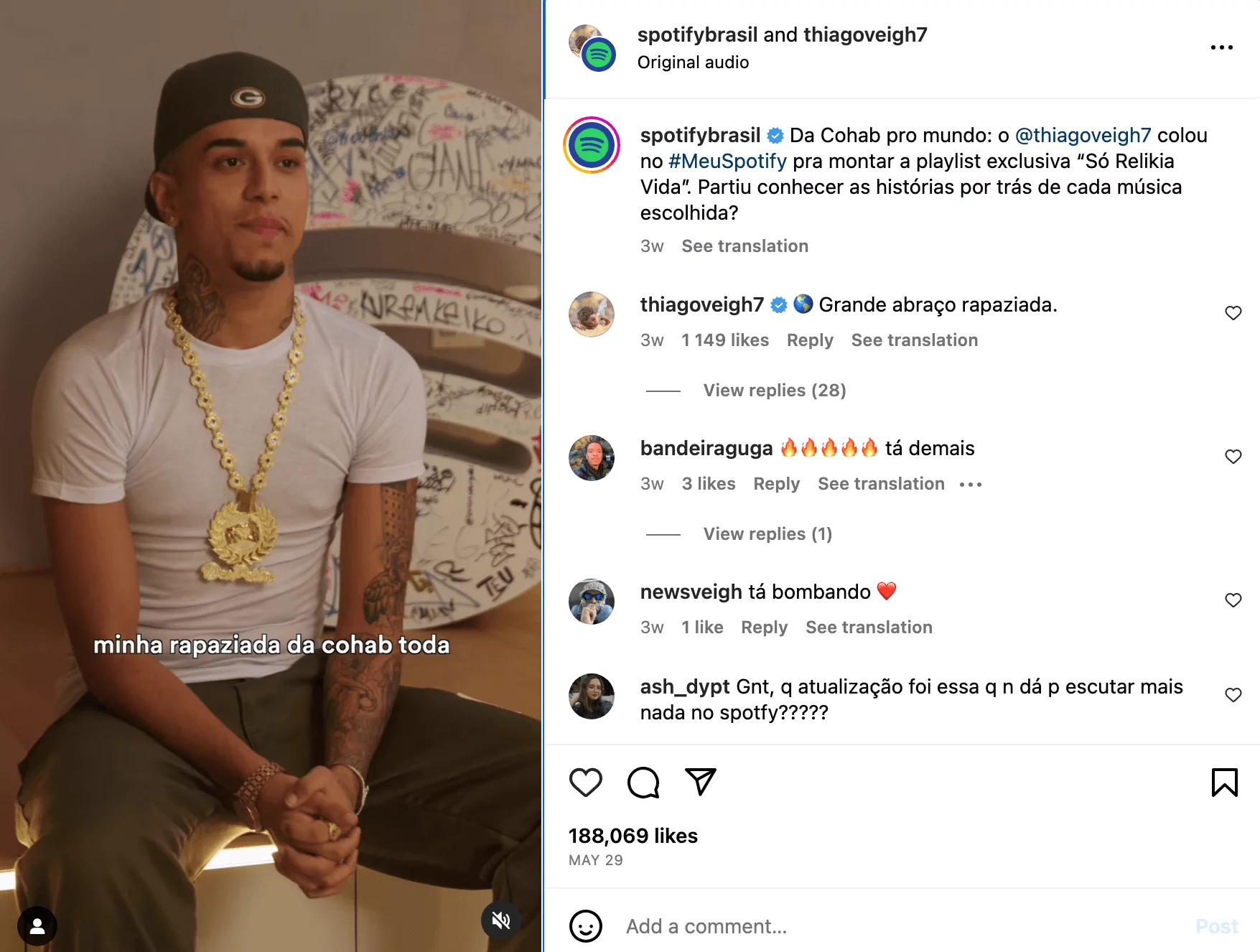 Instagram post showing a the photo of thiagoveigh7 with a message in Brasilian, marked as a collaboration between him and spotifybrasil