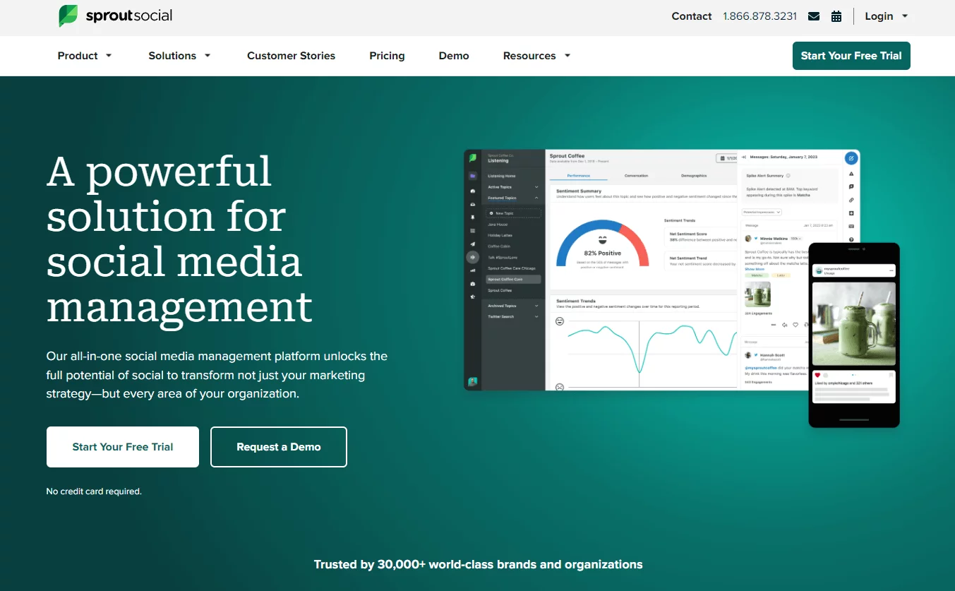 SproutSocial homepage showing the screenshot of its social media analytics features.