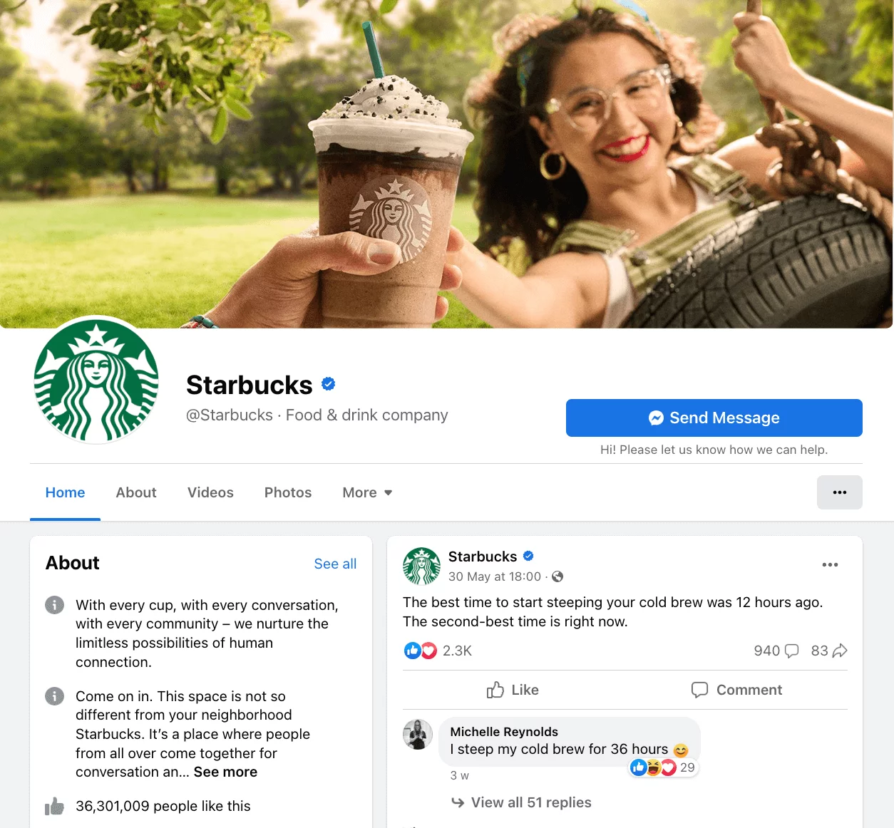 Screenshot of the official Startbucks Facebook page with the blue verified check, the company logo as the profile picture and a positive cover image showing a girl smiling and reaching out for a Starbucks cofee.