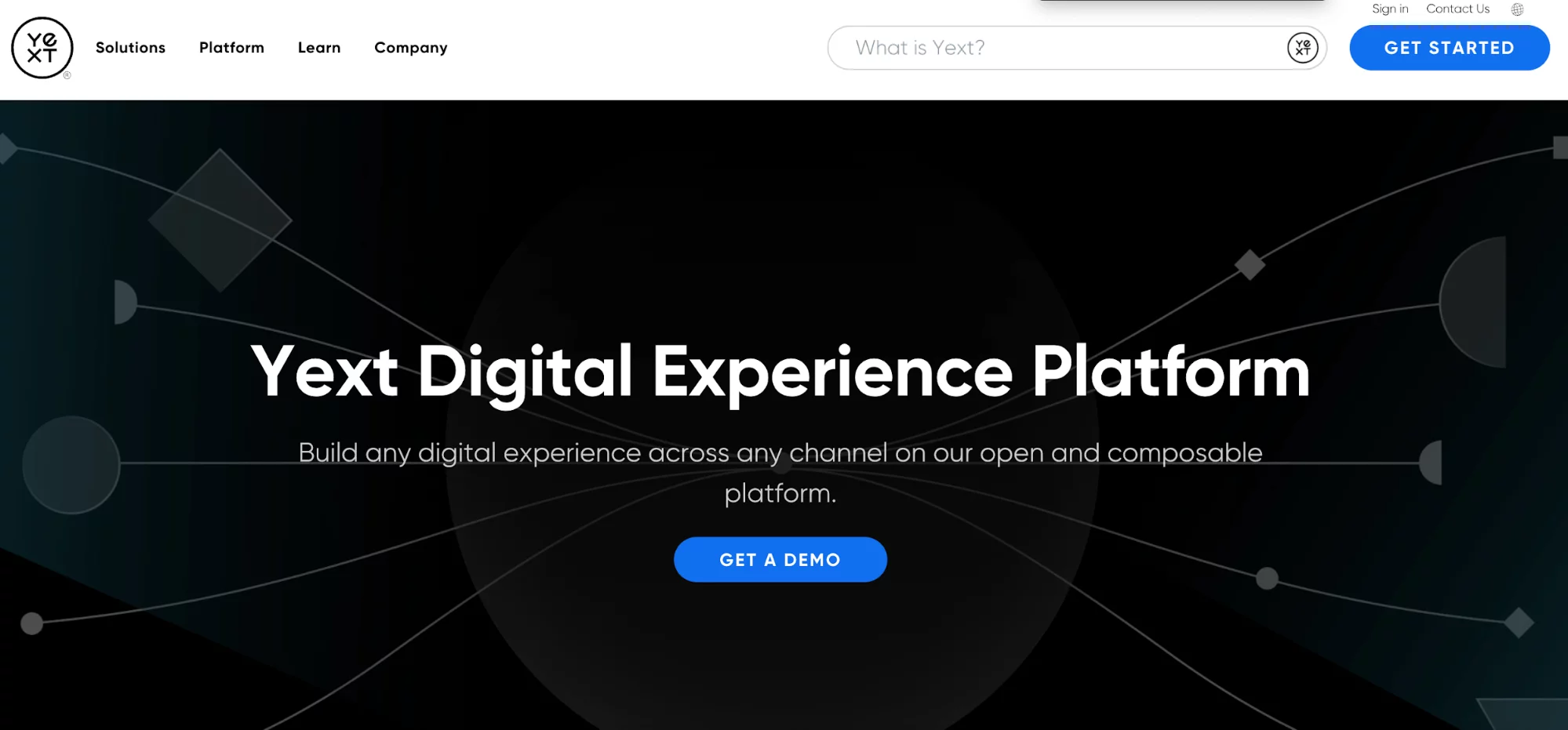 Yext simple homepage with a black background and the title Yext Digital Experience Platform