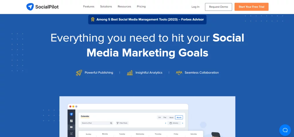 Blue background header section on Social Pilot's website