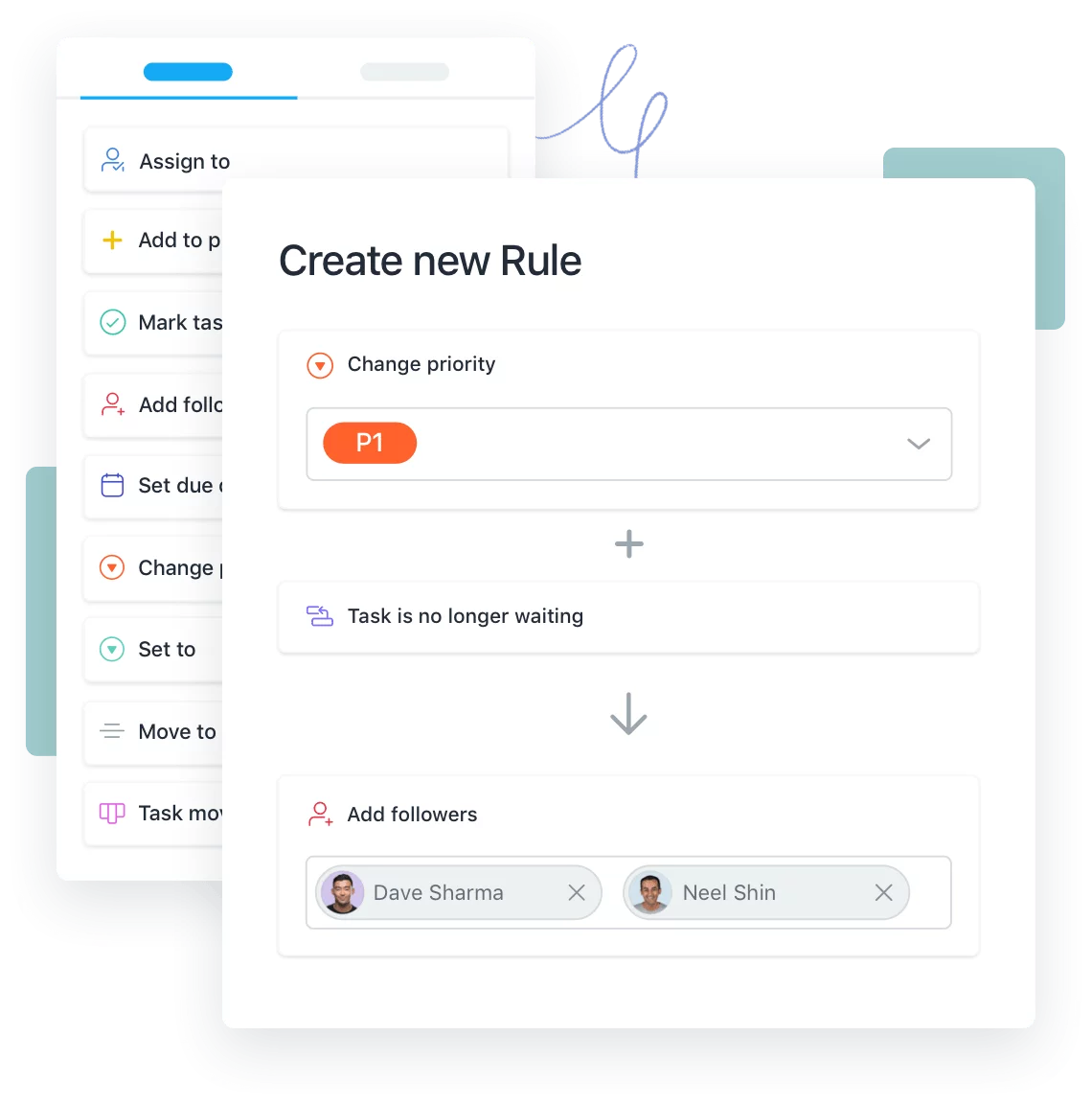Asana task automation with settings for priority rule, status change and task followers.