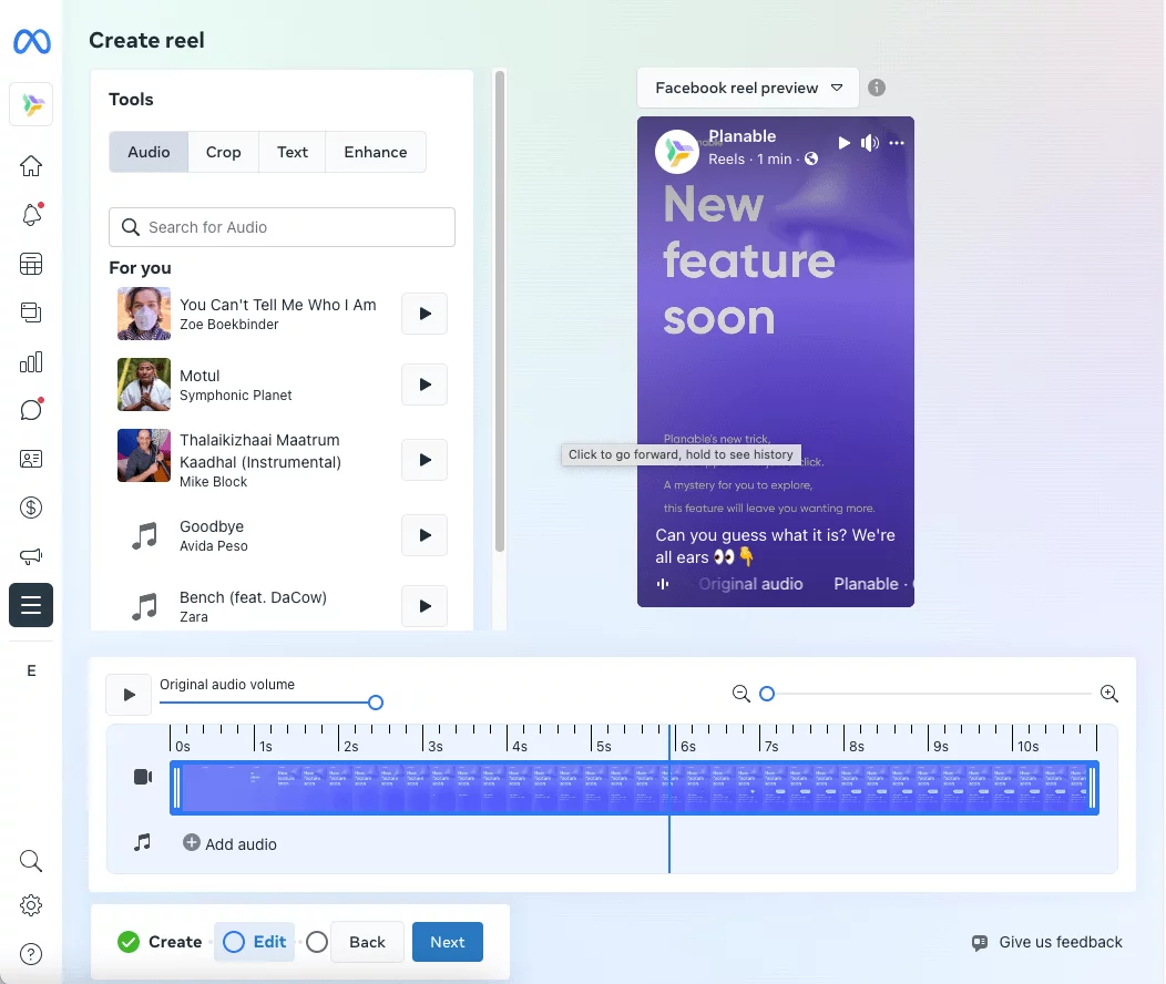 second screen of scheduling a reel where you can crop the video and add audio or text to the reel