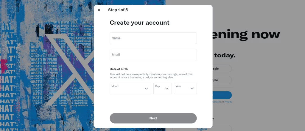 Step 1 of creating an account on Twitter desktop app