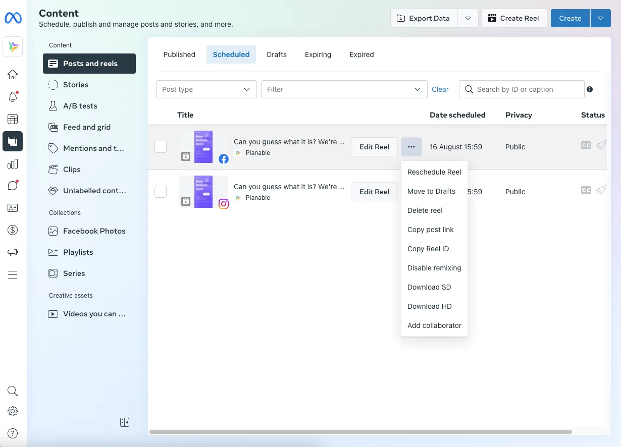 posts and reels section in meta business suite including scheduled reels that can be deleted, edited or rescheduled