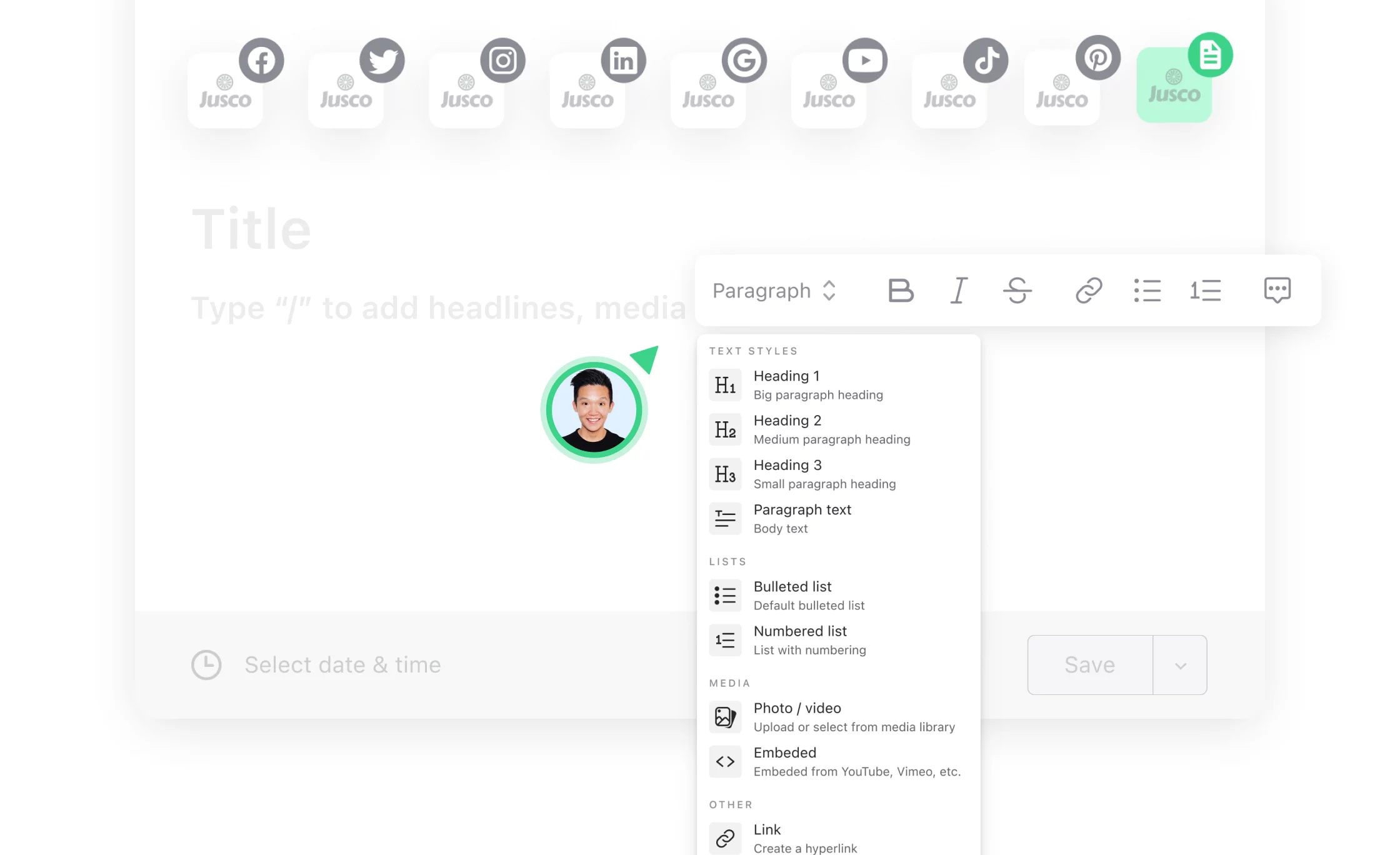 Blog post composer in Planable's Universal Content with different text formatting options and media insertion tools