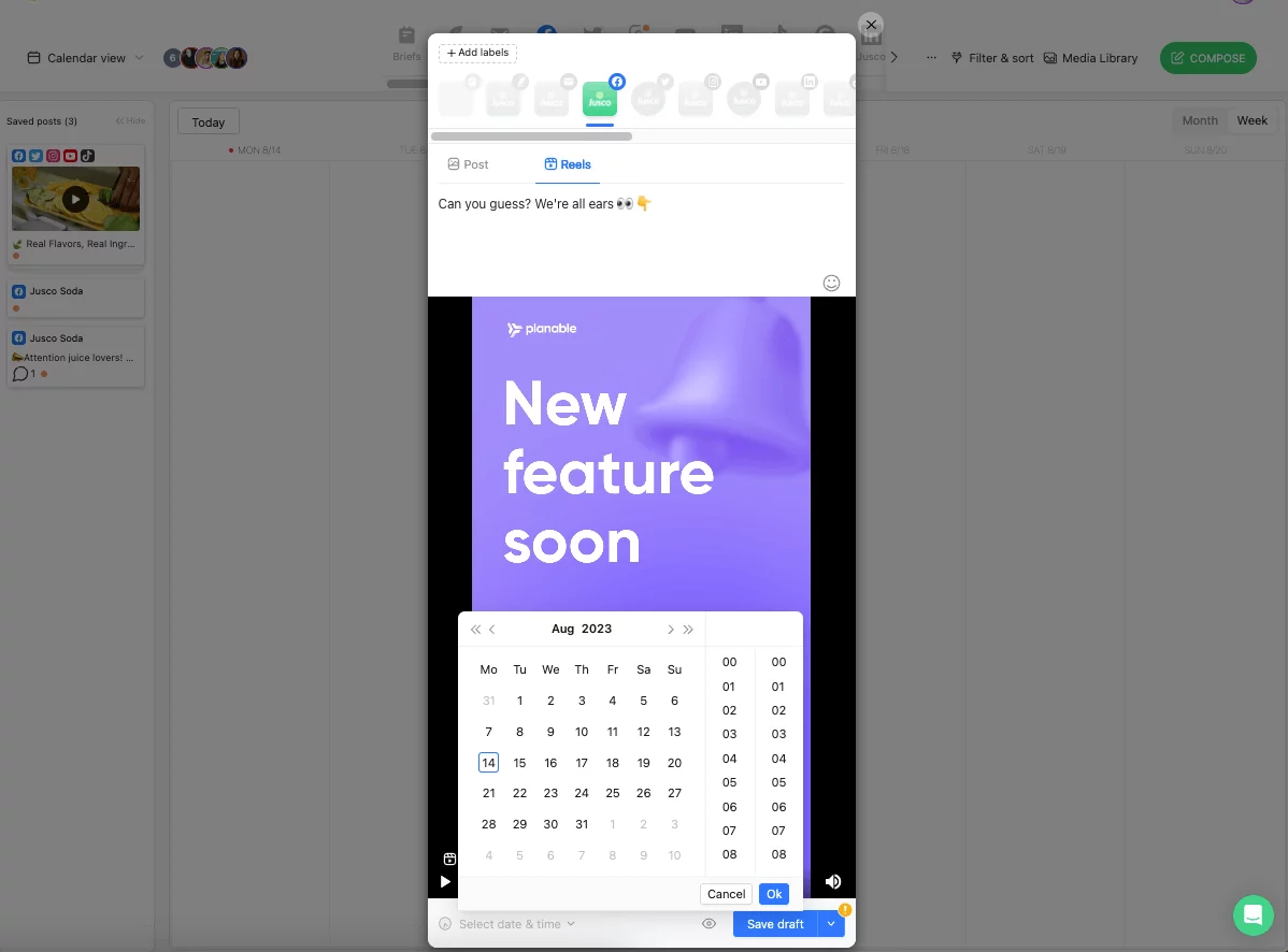 how to select the date and time in planable for scheduling a facebook reel