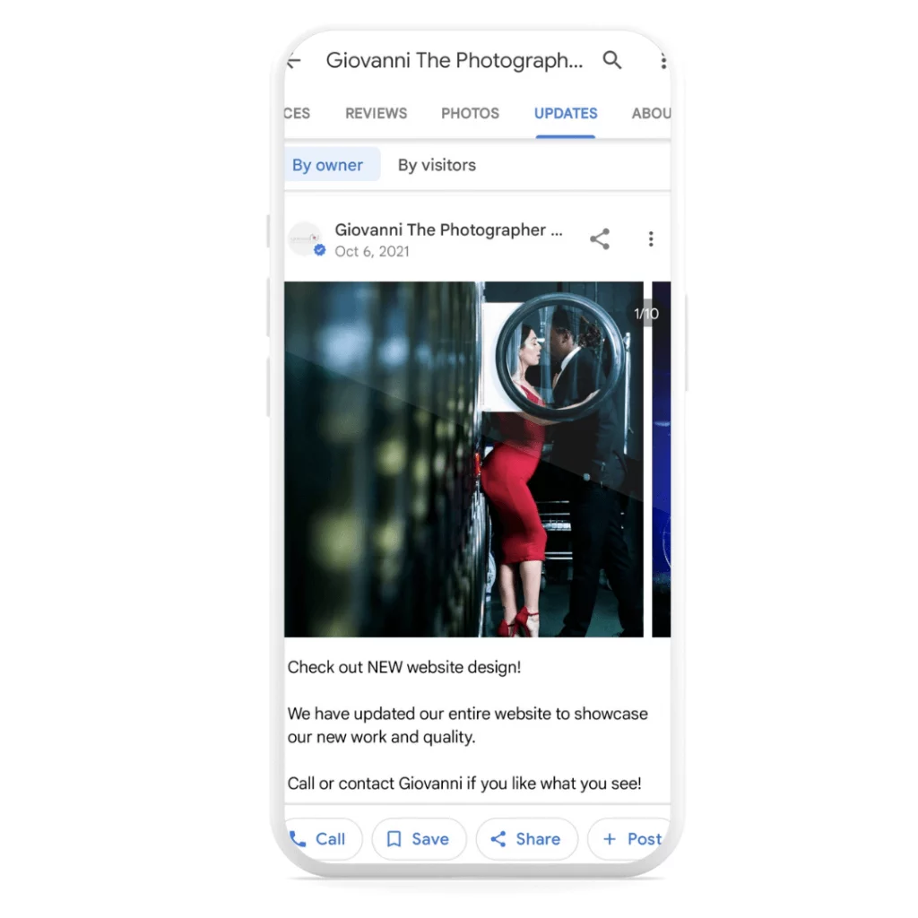 Google My Business update about new website version of a photography business