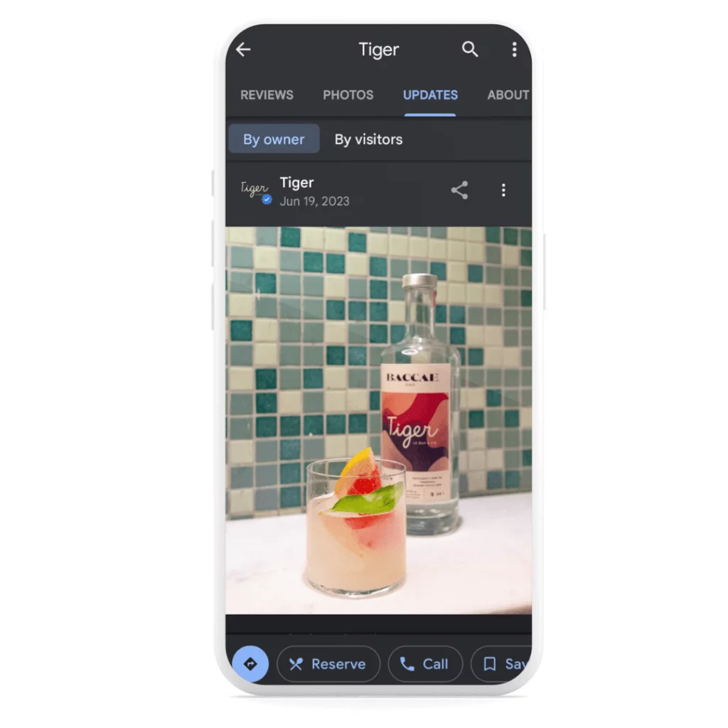 Tiger shares a photo with a beverage on Google My Business as an update on their profile.