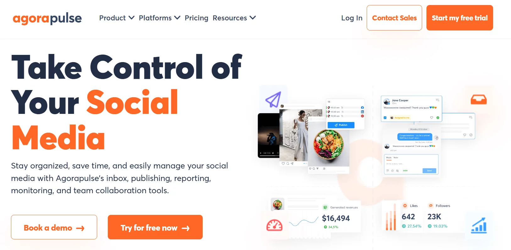 Agorapulse homepage with "Take control of your social media" 