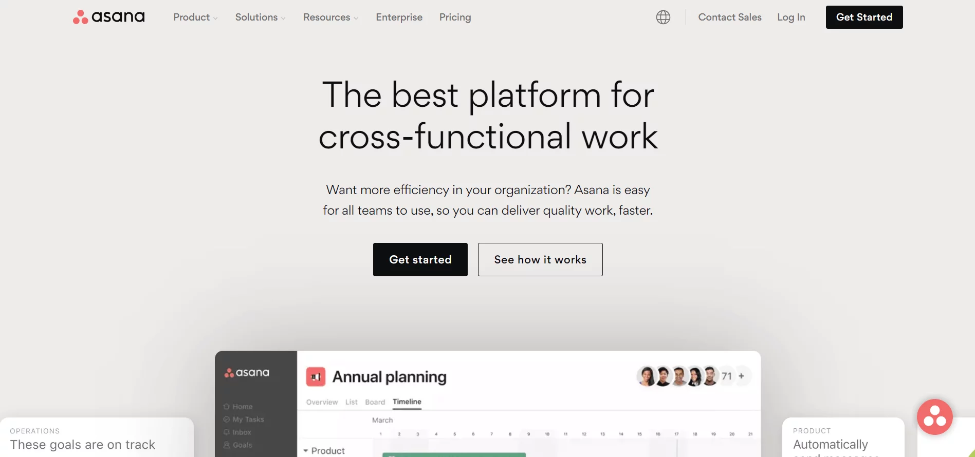 Asana simple homepage showing the motto "The best platform for cross-functional work"
