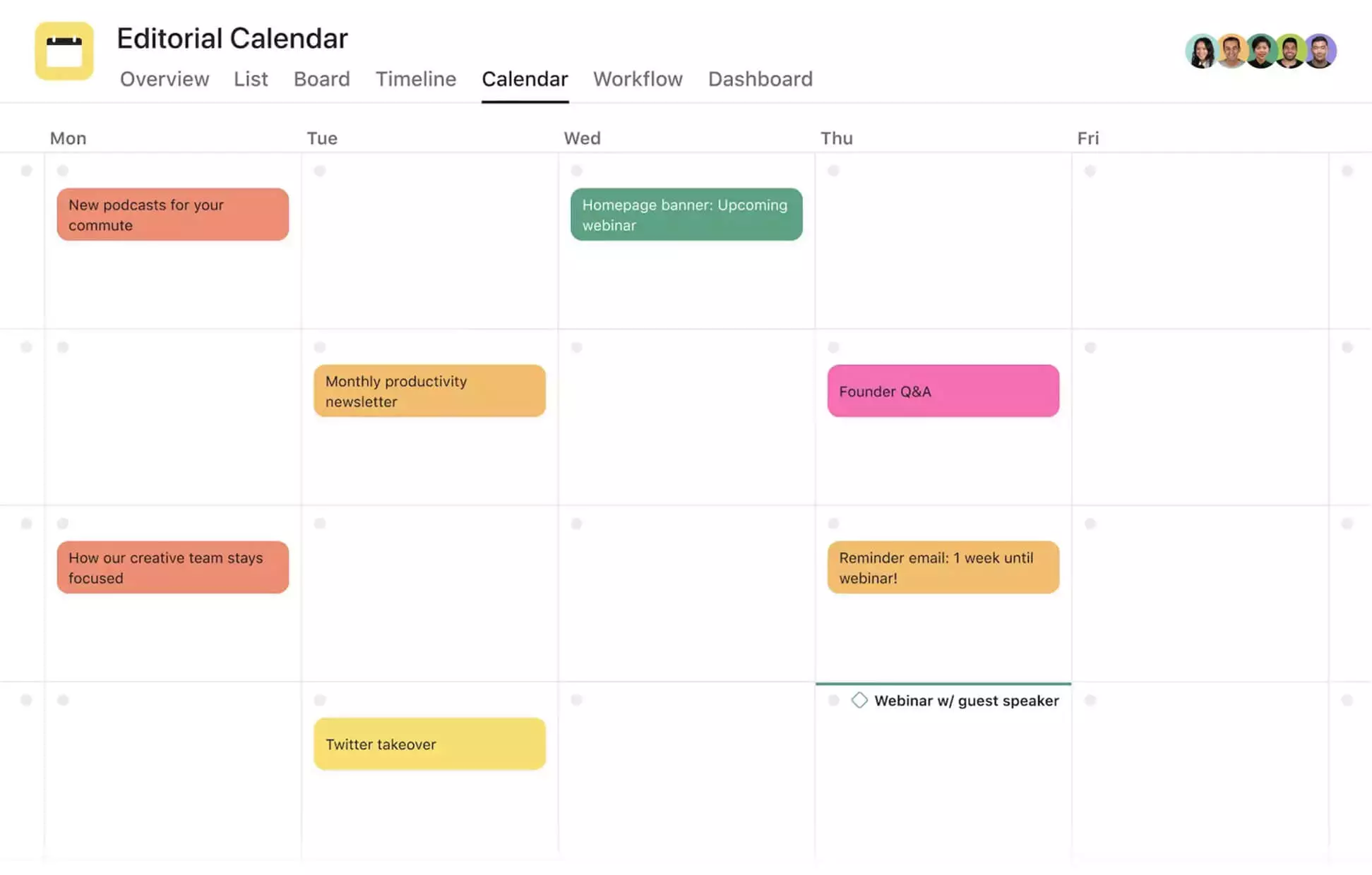 Weekly editorial calendar in Asana showing multiple color-coded content pieces.