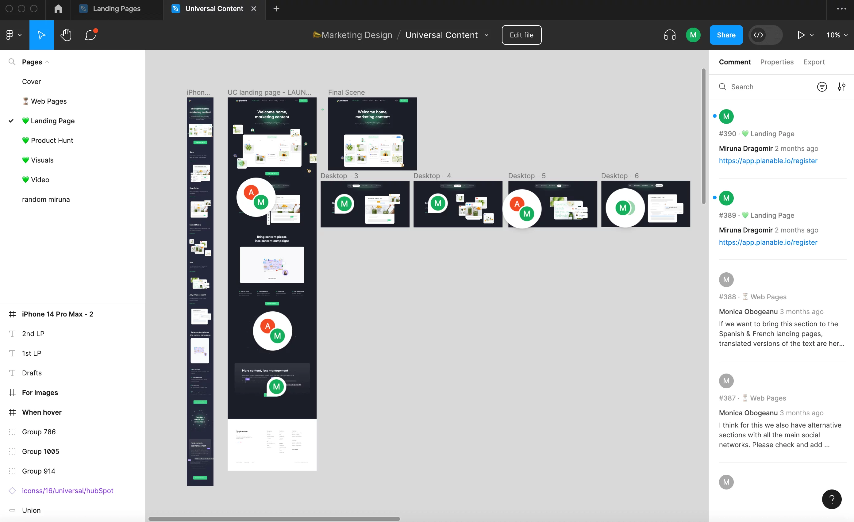 Figma screenshot showing multiple landing pages with comments between multiple team members.