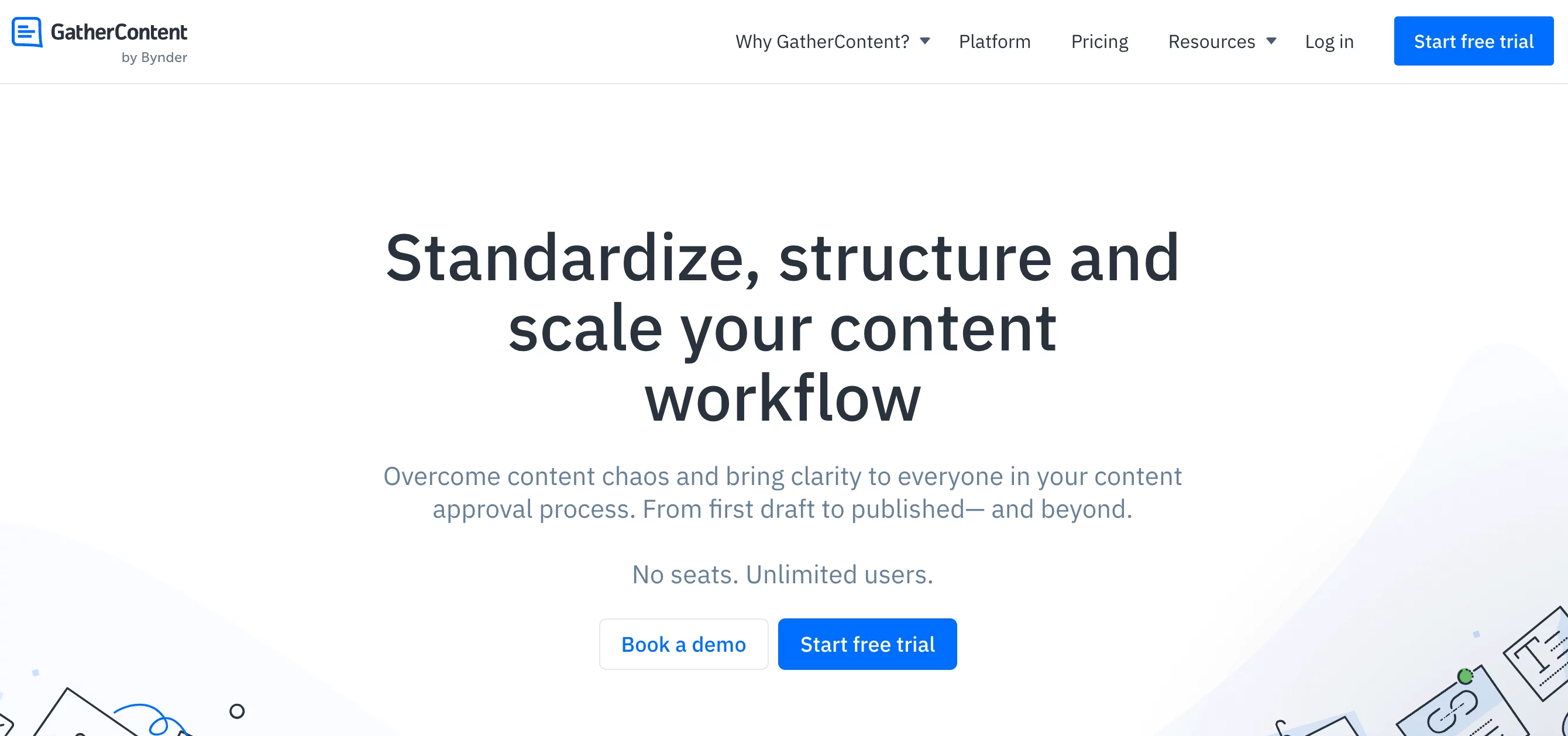 GatherContent homepage showing the motto "Standardize, structure and scale your content workflow".