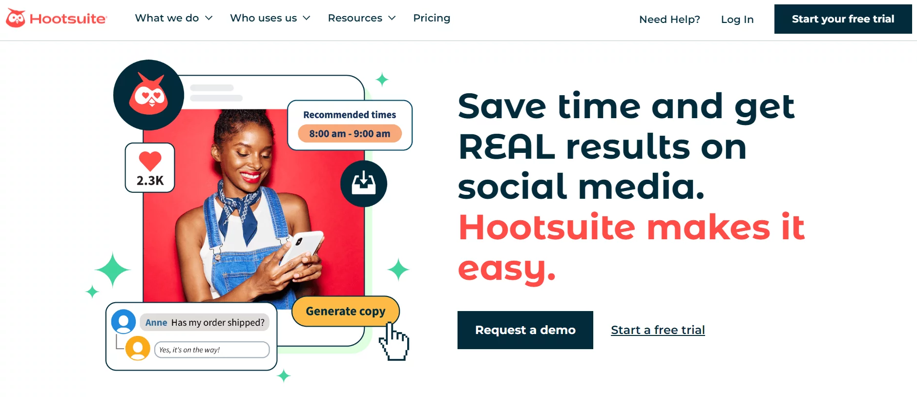 Hotsuite homepage showing the motto "Save time and get results on social media, Hootsuite makes it easy", with a schematic image showing multiple social media management activites