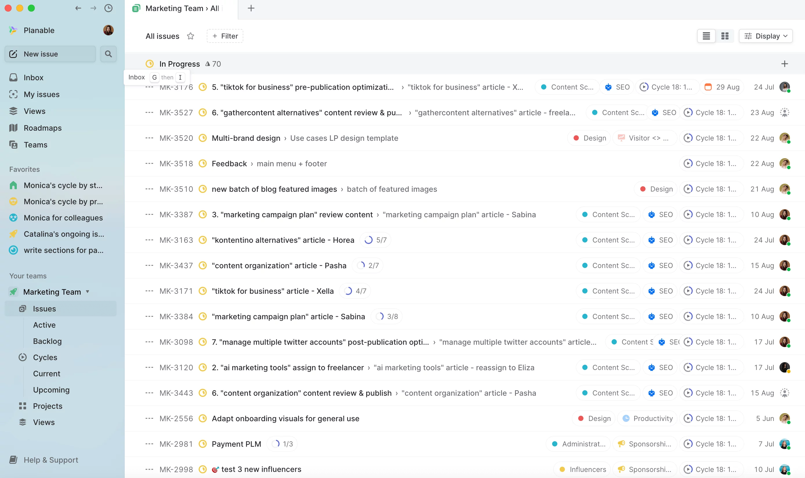 Task list of the Marketing team in Linear with status, project, cycle, and owner. 