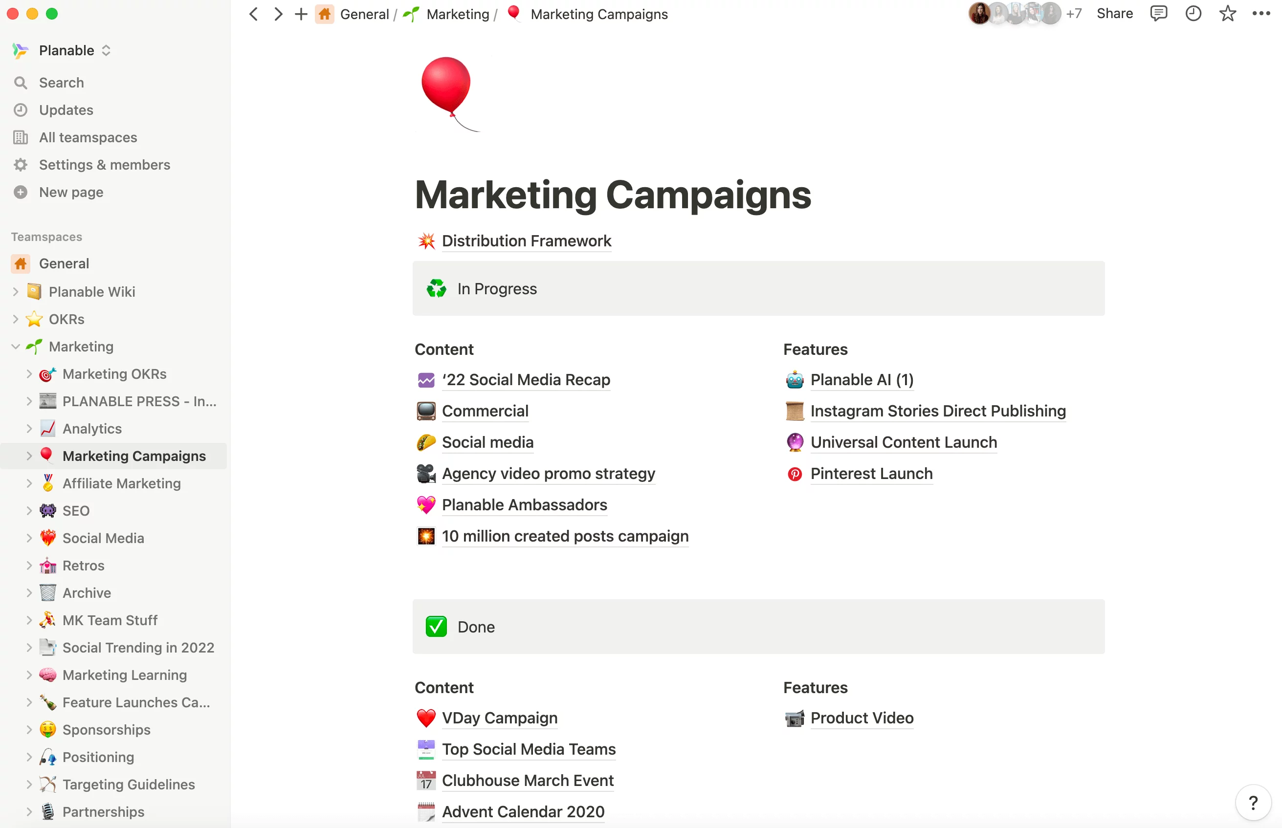 Notion page showing multiple marketing campaigns grouped by In progress and Done.