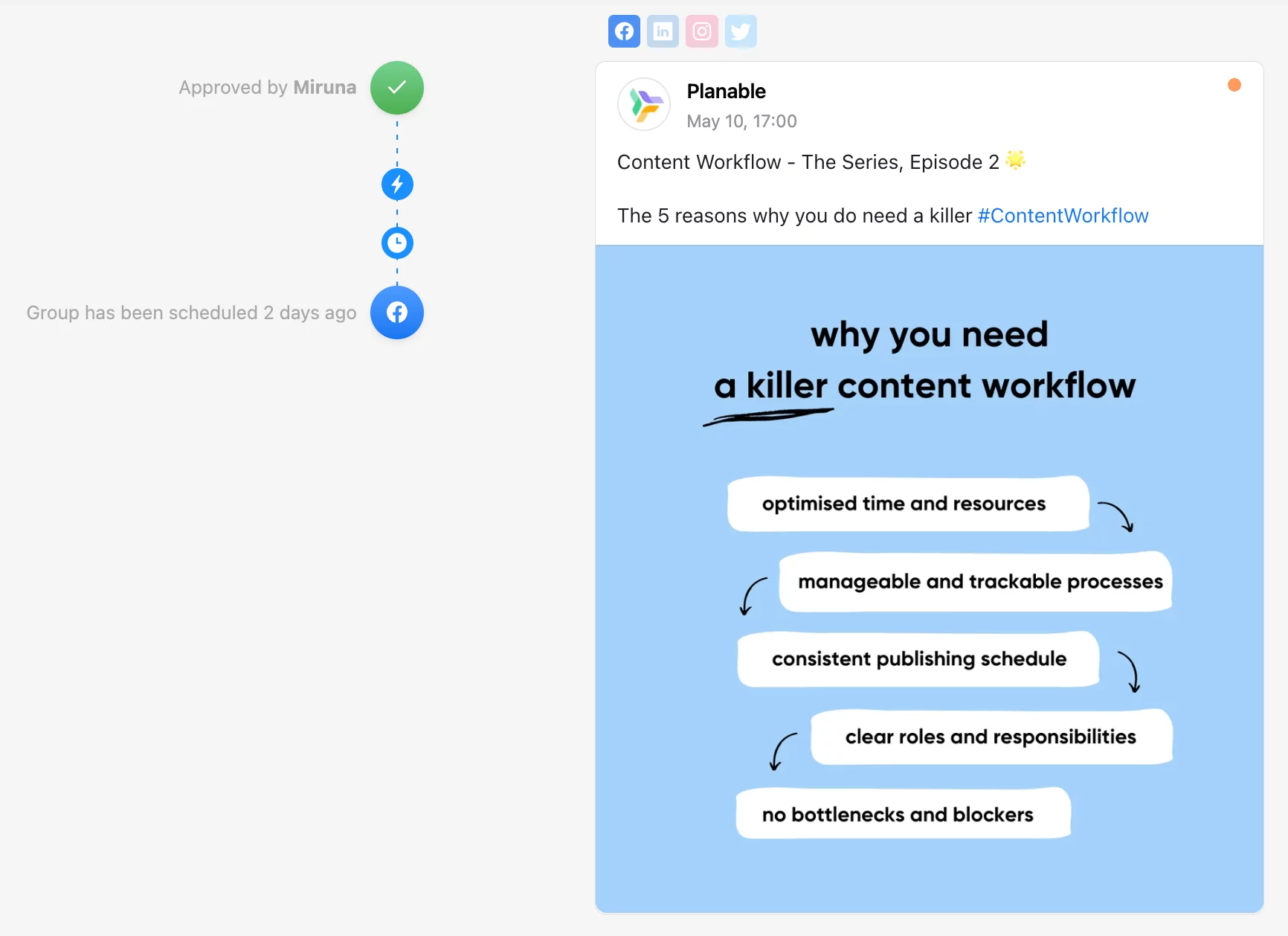 Social media post about content workflow published on multiple social media accounts from Planable.