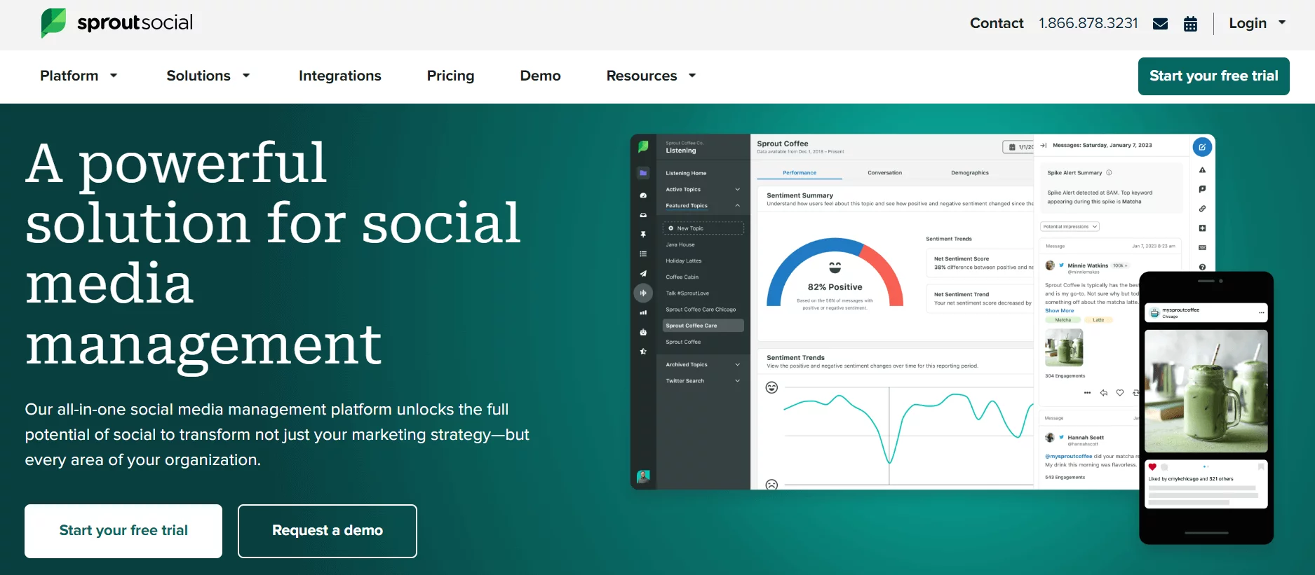 Sprout Social homepage screenshot with green background and screenshot of a social media analytics dashboard