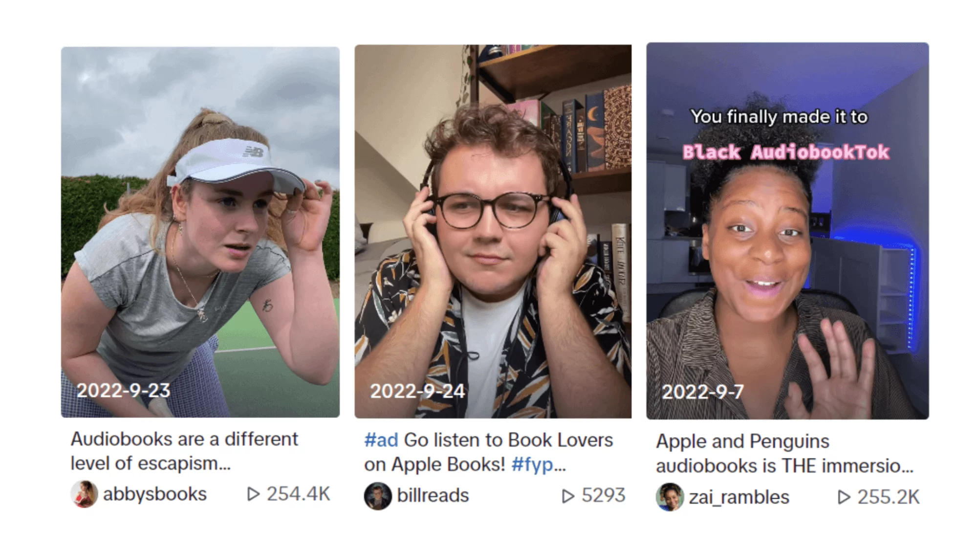 BookTok Campaign on TikTok with videos collage of creators @abbysbooks, @billreads, @zai_rambles.