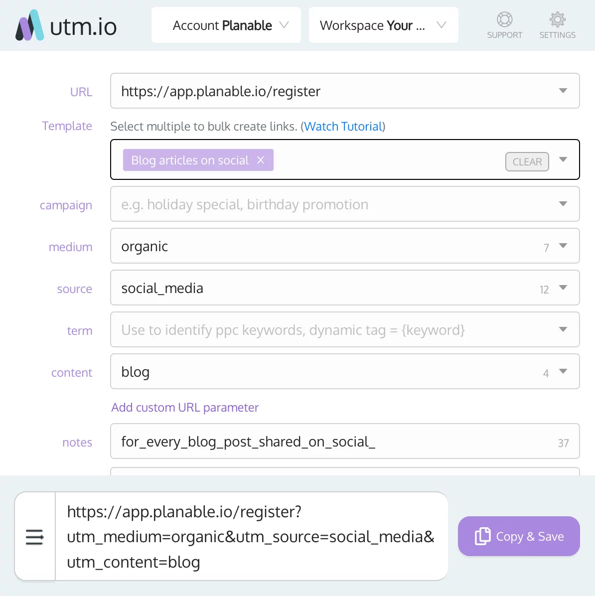 UTM.io screenshot showing the settings for a URL with fields such as medium as organic, source as social_media, and content as blog.