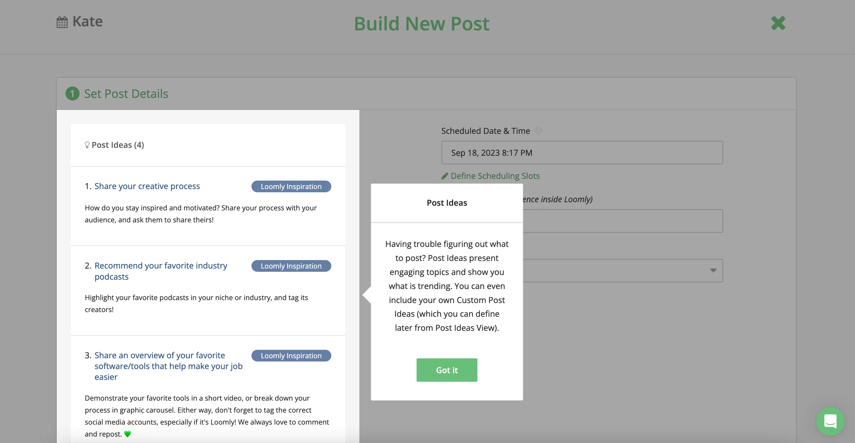 Loomly Build new post interface, with 4 automatically generated post ideas.