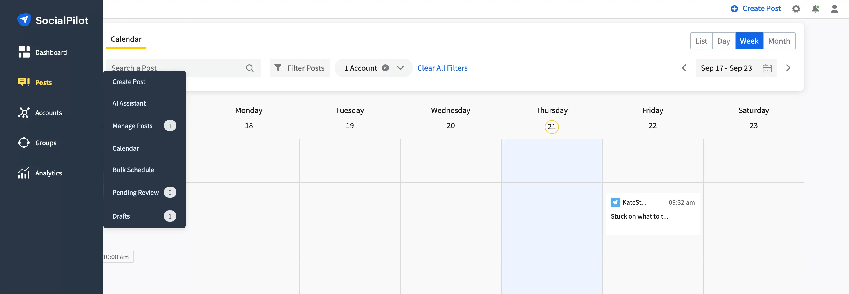 Simple calendar interface showing weekly posts schedule for one account, with filter option and a vertical left-side menu for Dahboard, Posts, Accounts, Groups and Analytics.