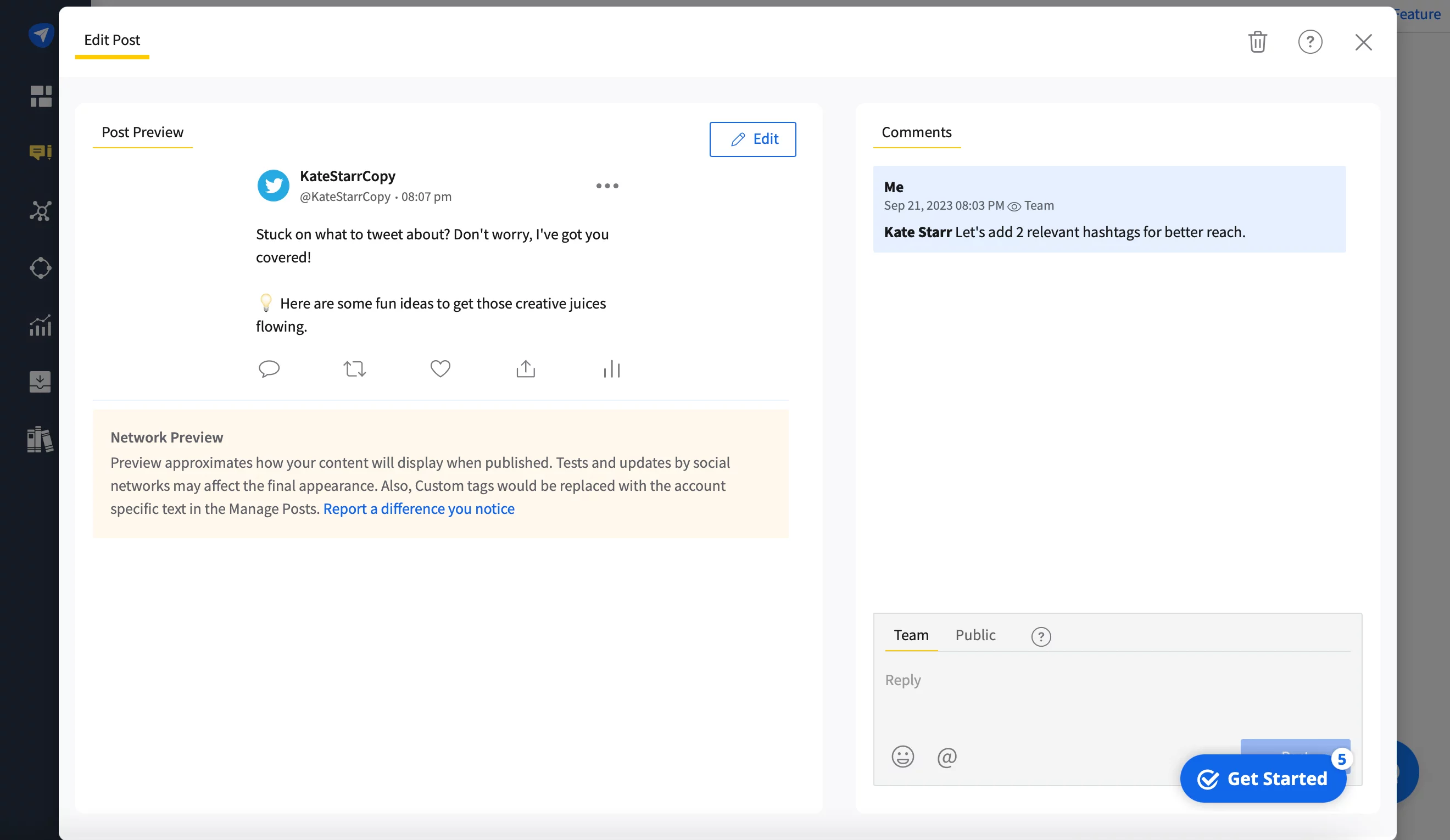 Twitter post preview in social pilot, showing right sidebar with a comment and the option to add more Team or Public comments.