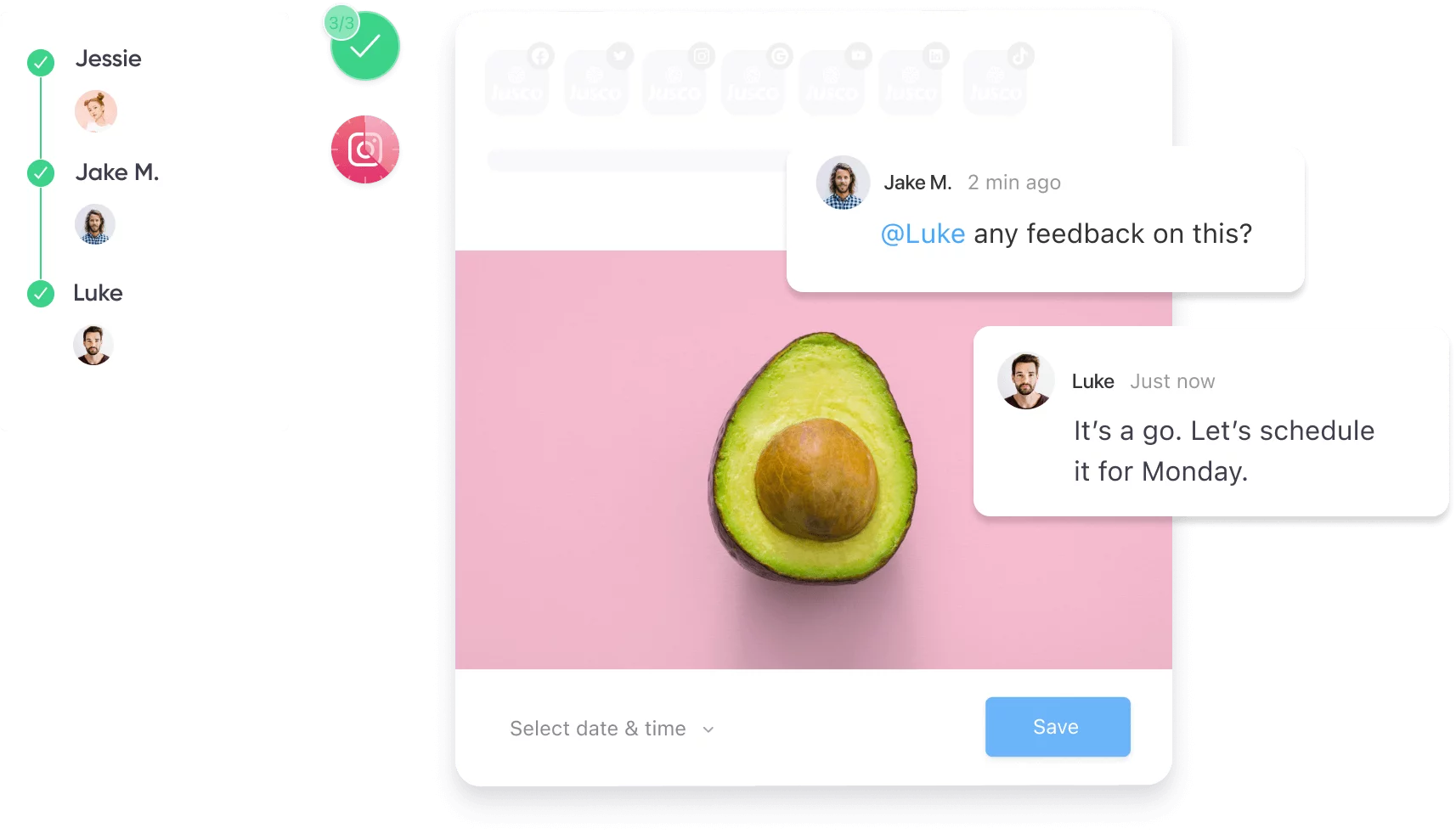 Marketing approval process on social media post with comments and 3 approval levels from Luke, Jake and Jessie.
