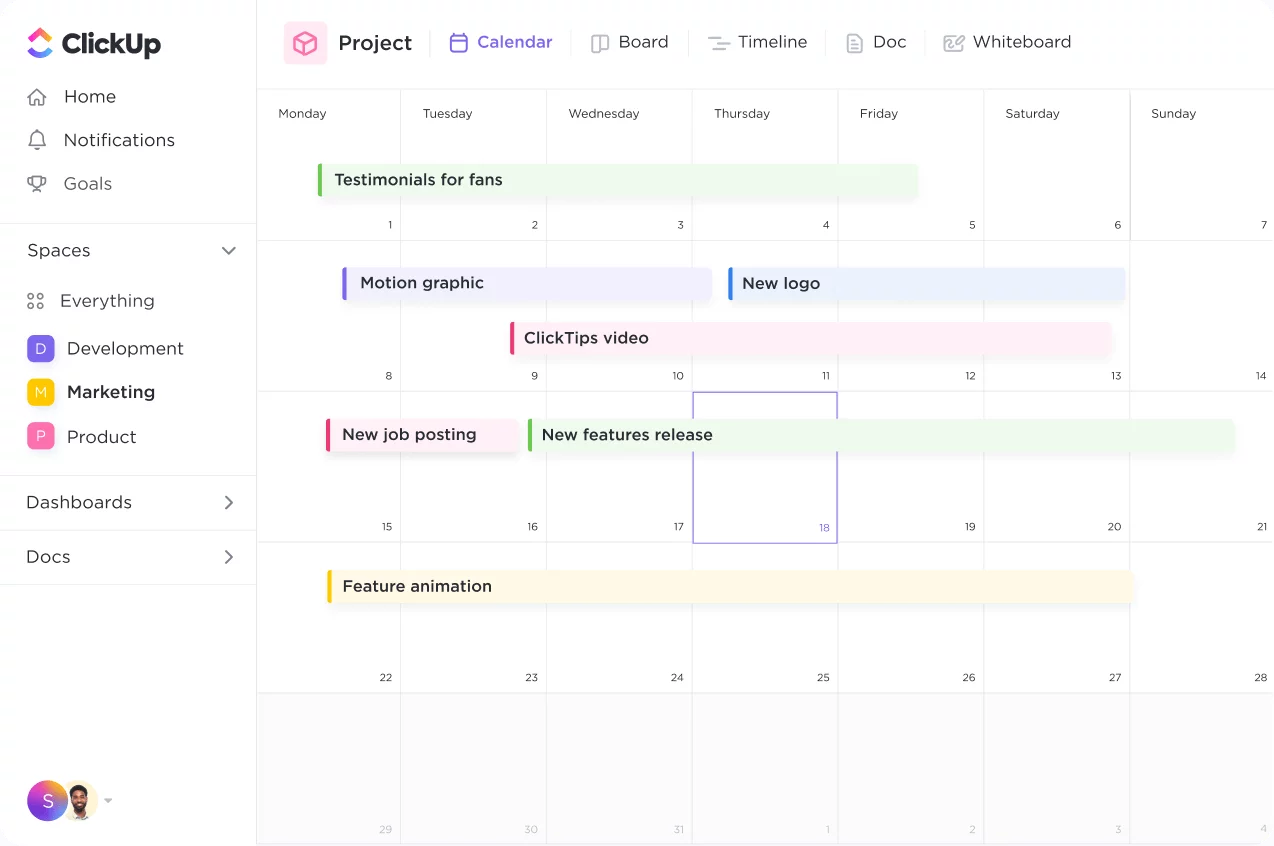 ClickUp's calendar for different tasks