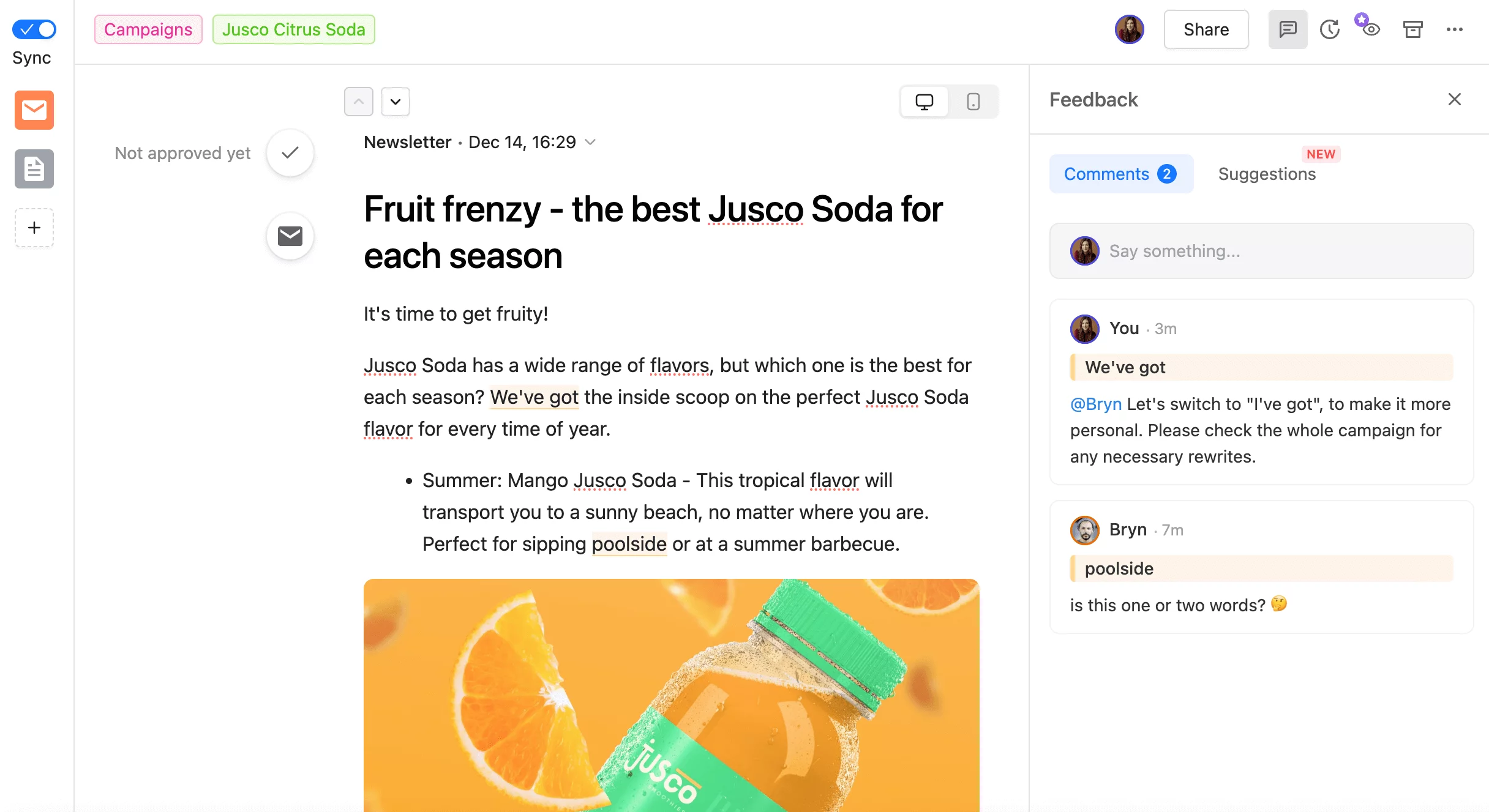 Planable's collaboration section with feedback on an newsletter 