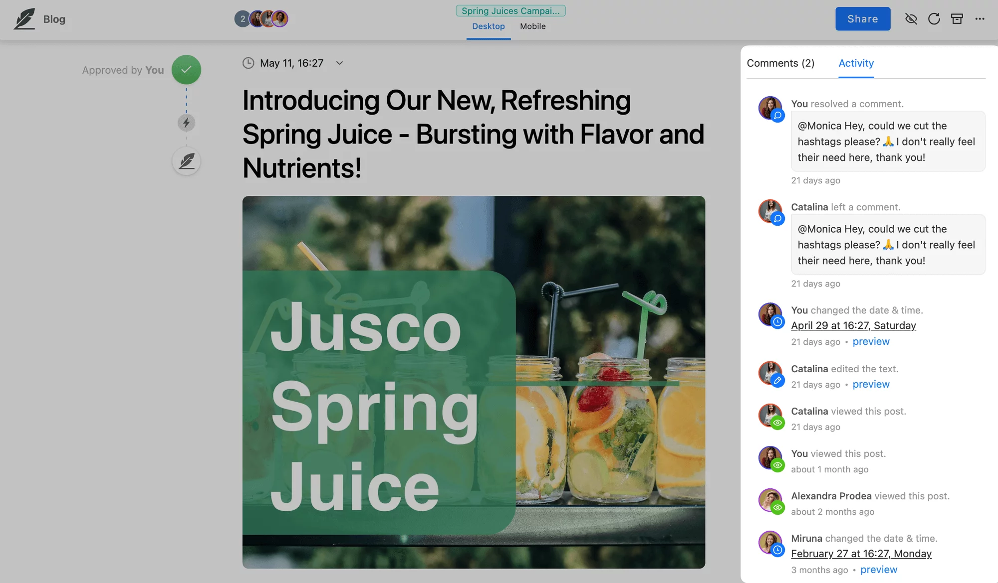 Planable's activity section featuring left comments, changes and different actions upon the content